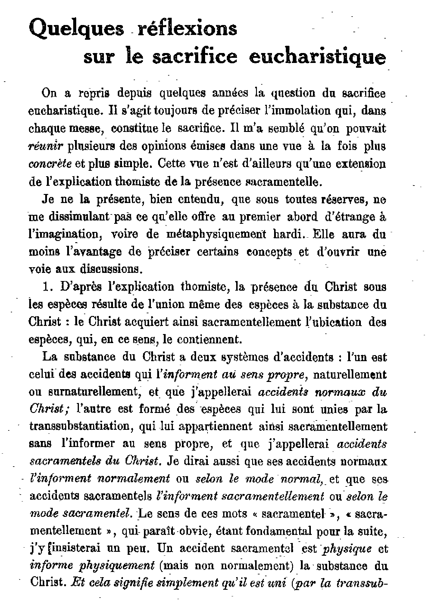 Quelques réflexions sur le sacrifice eucharistique