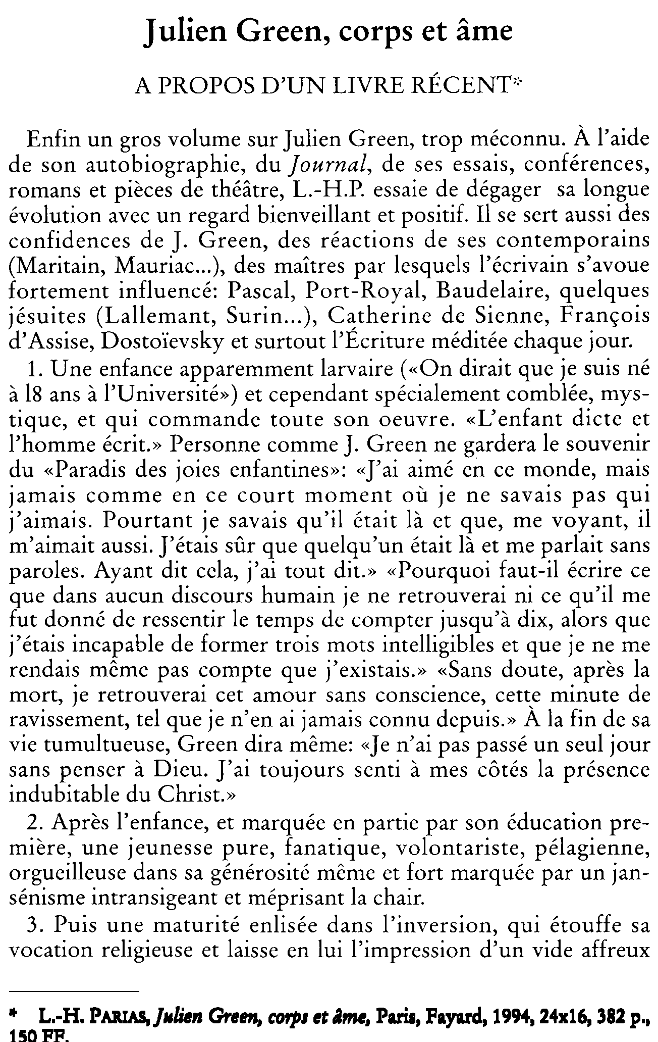 Julien Green, corps et âme. À propos d'un livre récent