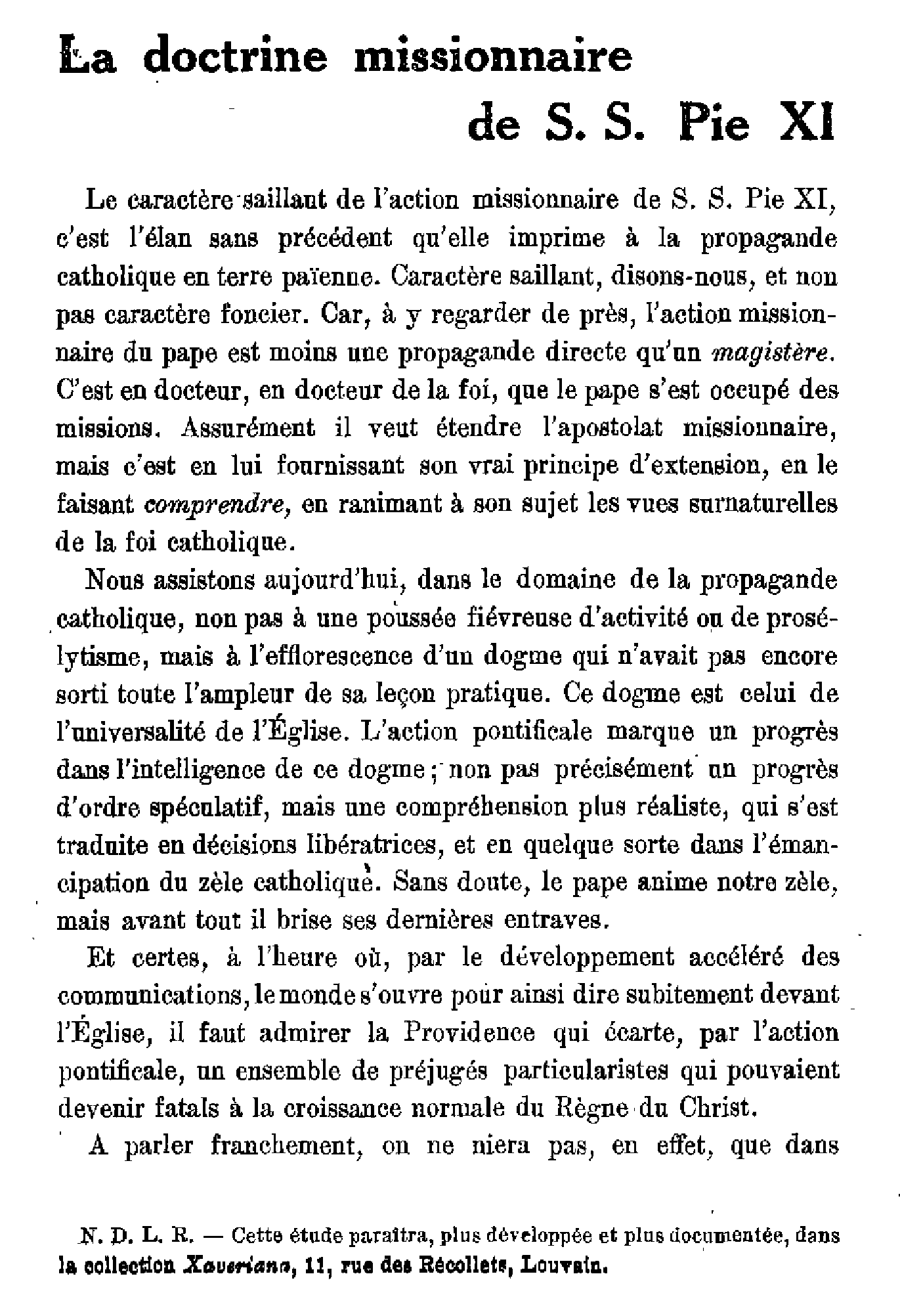 La doctrine missionnaire de S.S. Pie XI