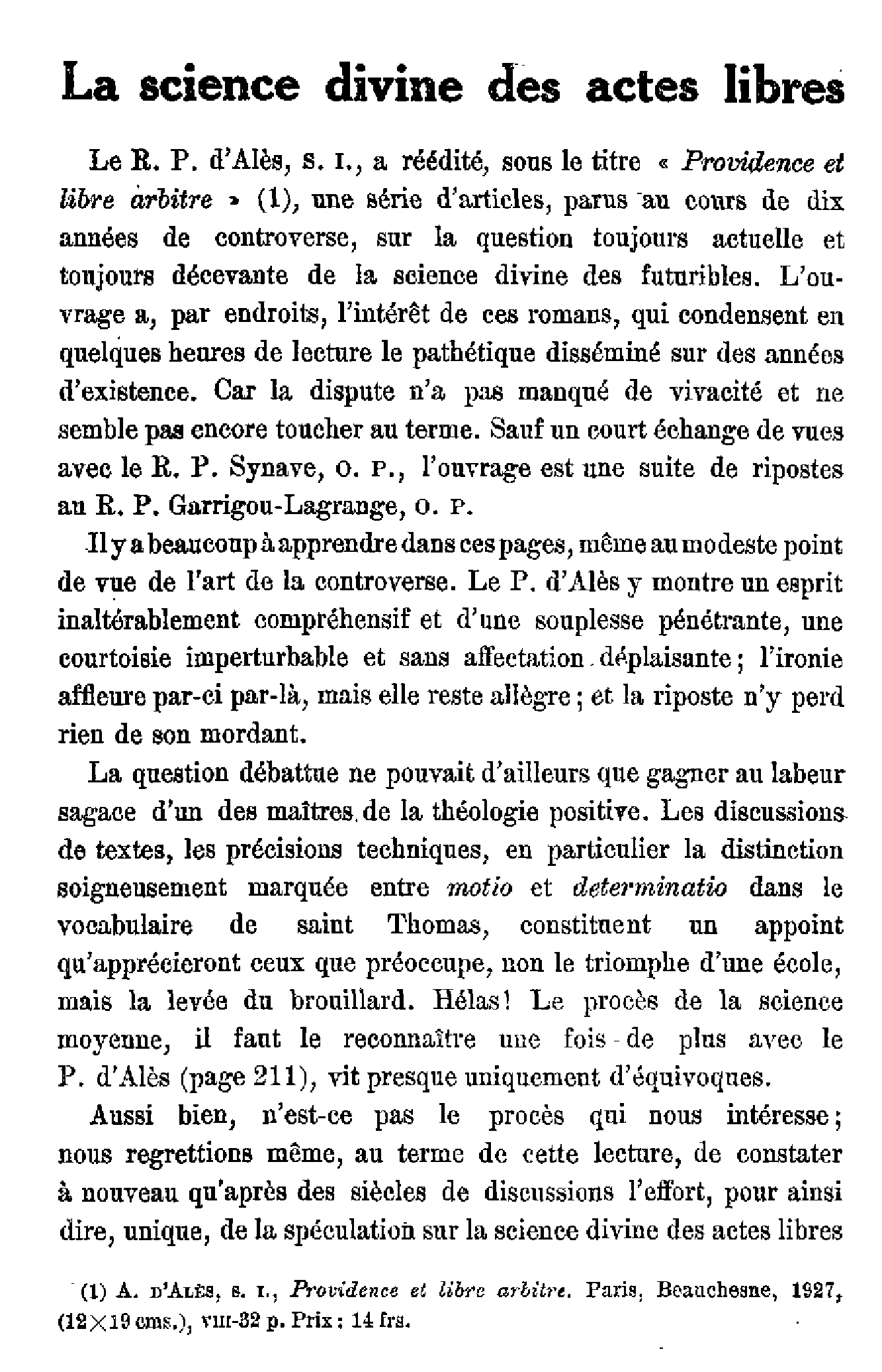 La science divine des actes libres
