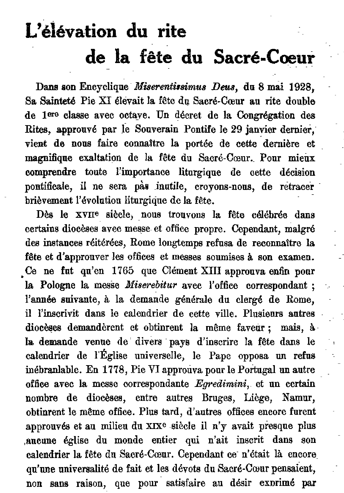 L'élévation du rite de la fête du Sacré-Coeur