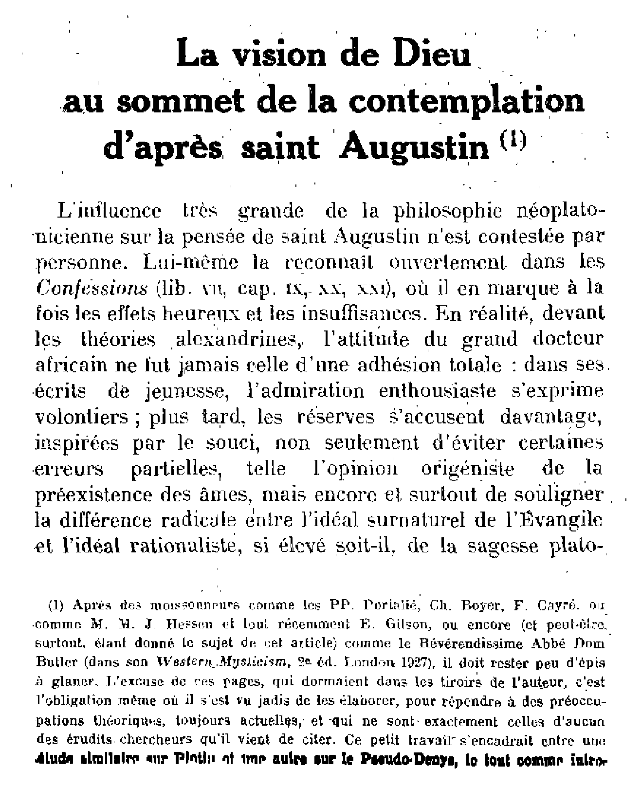 La vision de Dieu au sommet de la contemplation d'après saint Augustin (1)