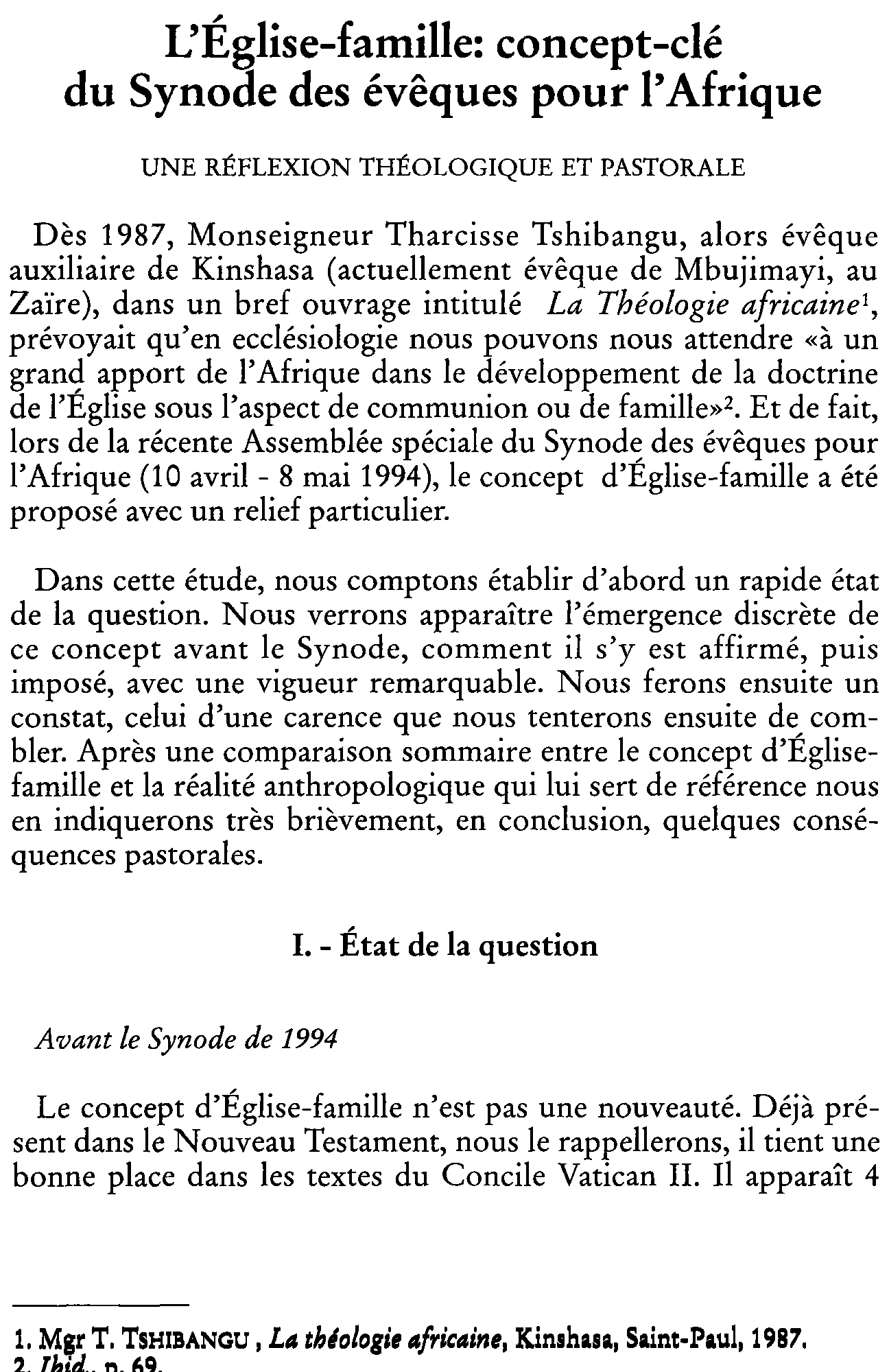 L'Église-famille: concept-clé du Synode des évêques pour l'Afrique. Une réflexion théologique et pastorale