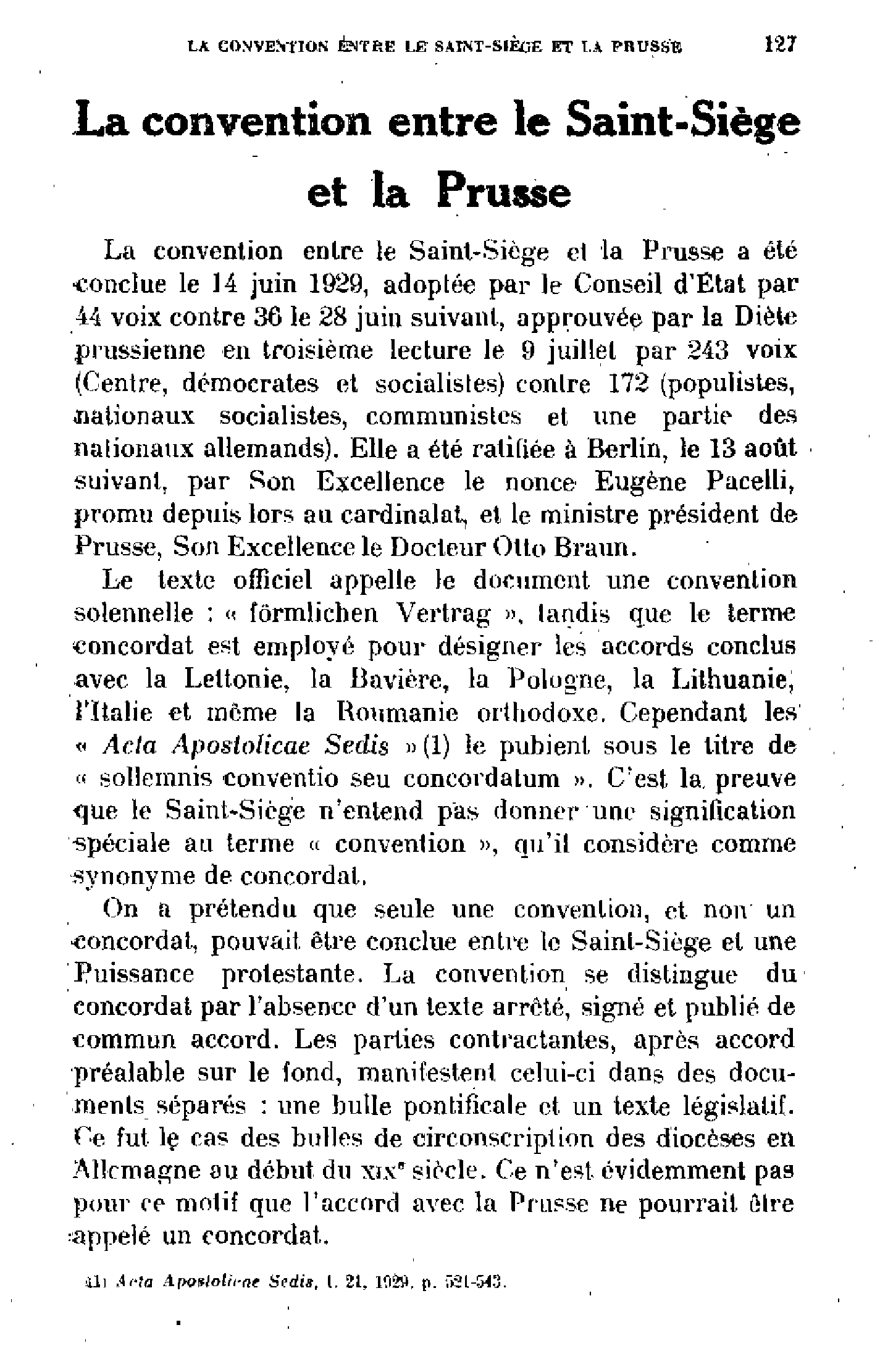La convention entre le Saint-Siège et la Prusse