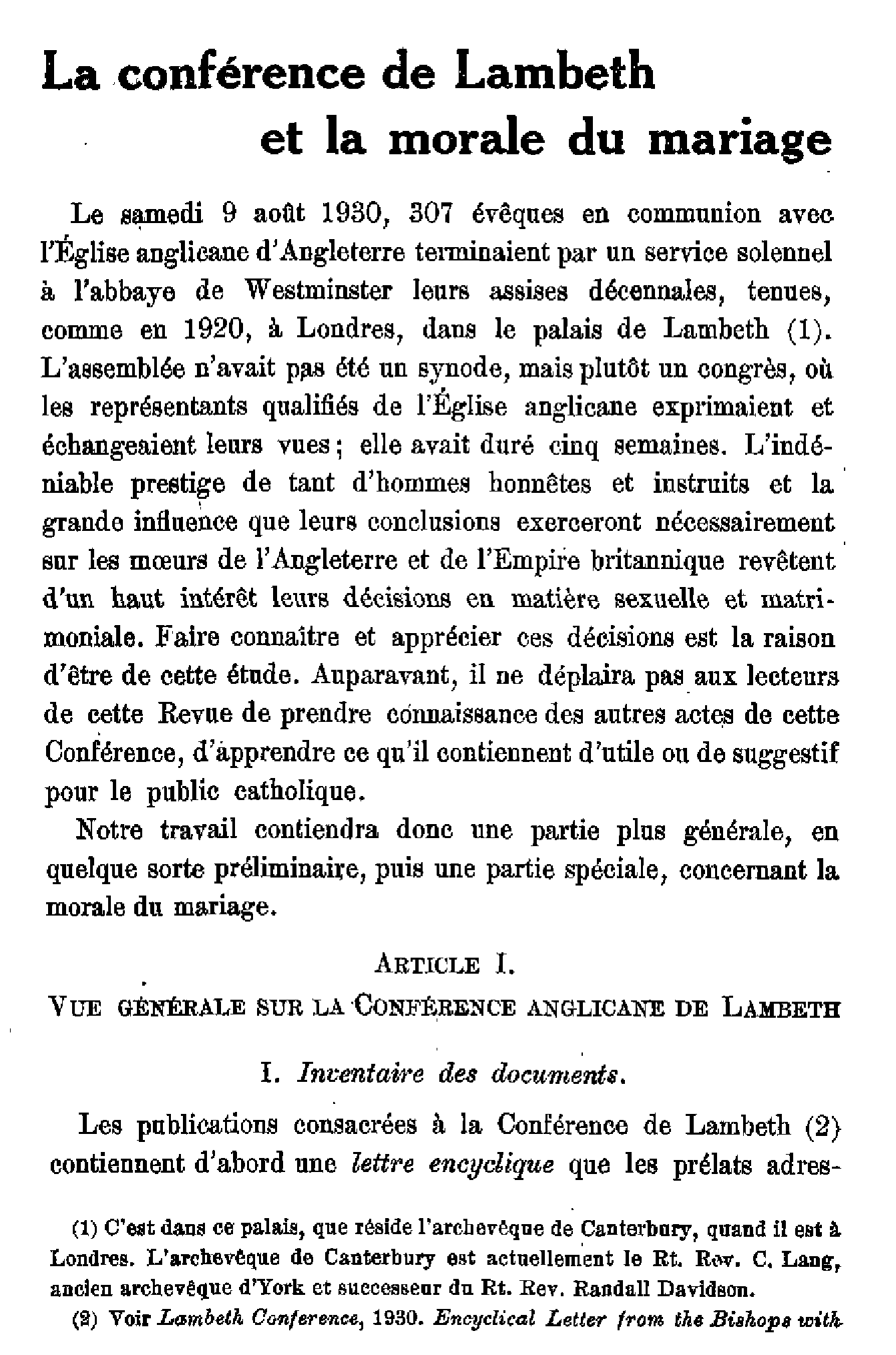 La conférence de Lambeth et la morale du mariage