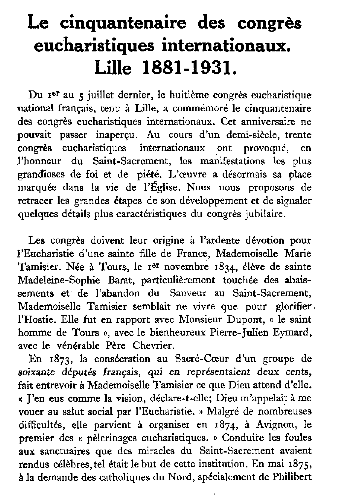 Le cinquantenaire des congrès eucharistiques internationaux. Lille 1881-1931