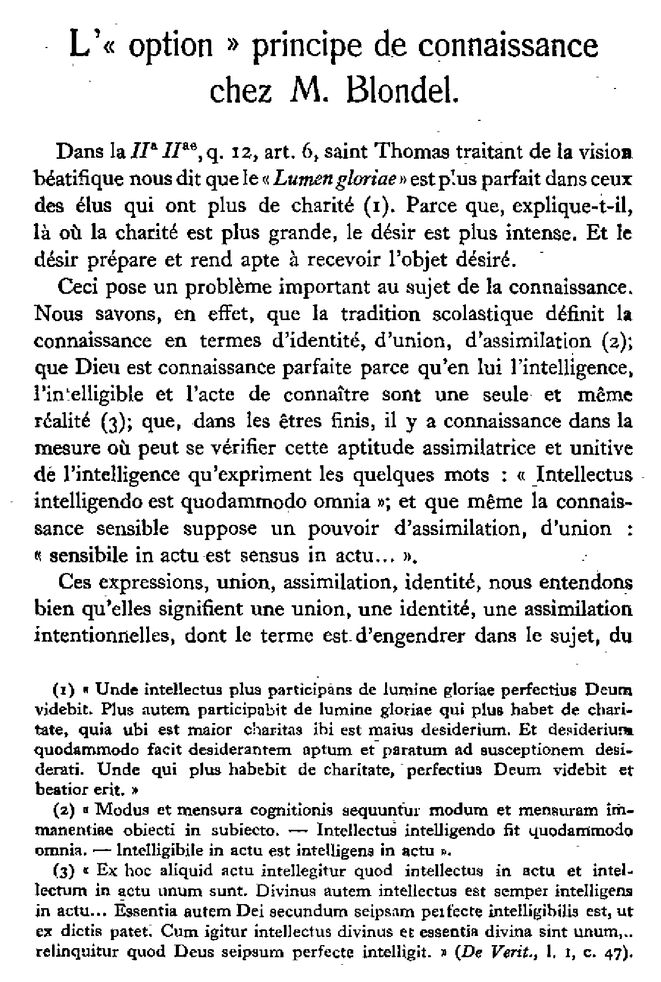 L''option' principe de connaissance chez M. Blondel