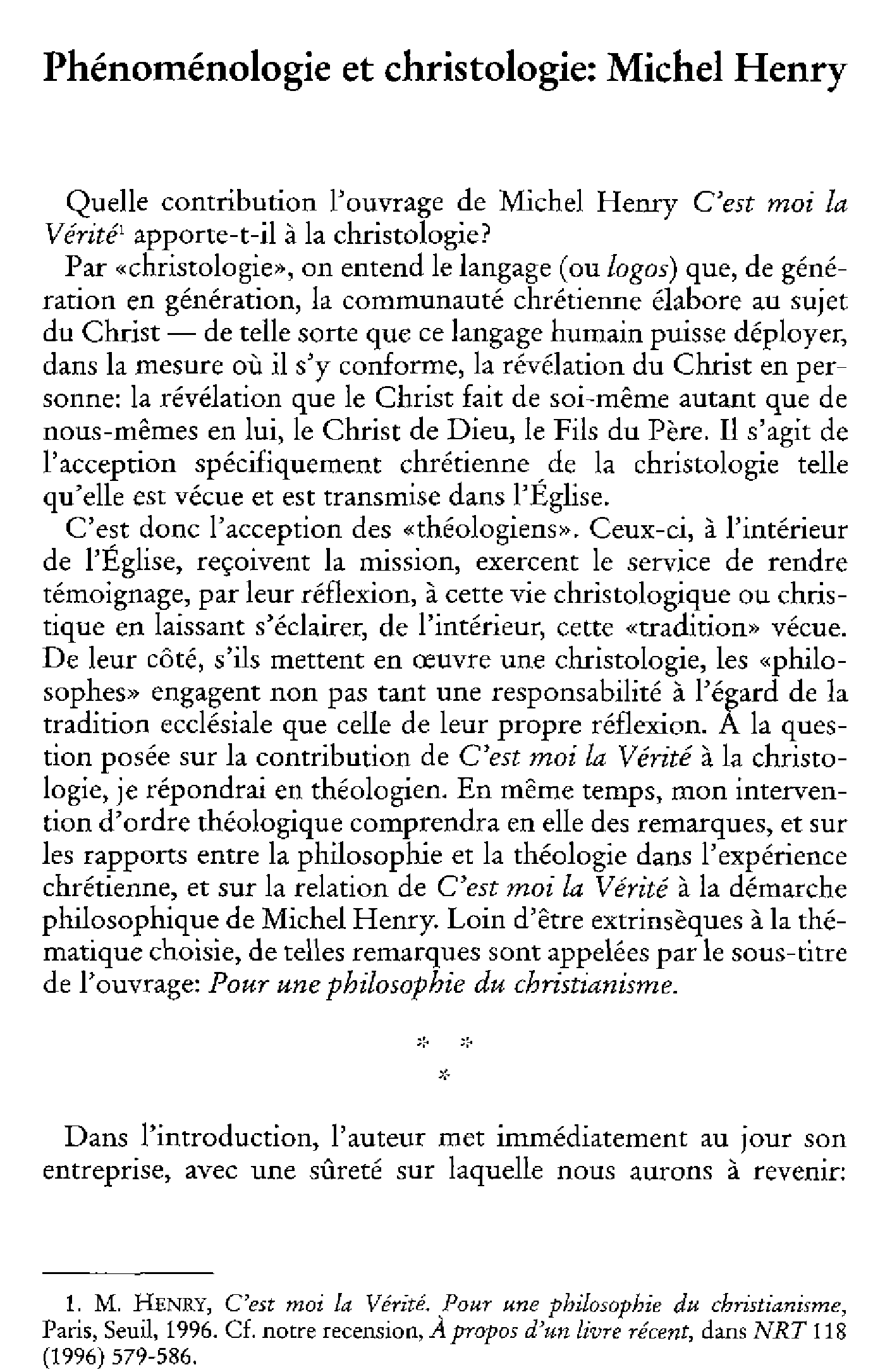 Phénoménologie et christologie: Michel Henry