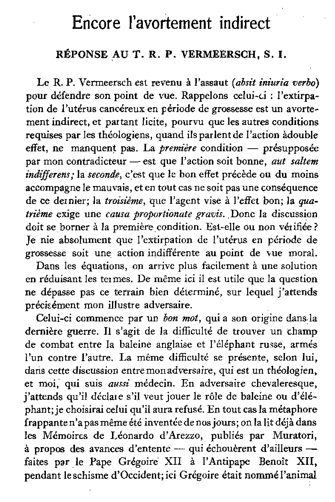 Encore l'avortement indirect. Réponse au T.R.P. VERMEERSCH, s.j.