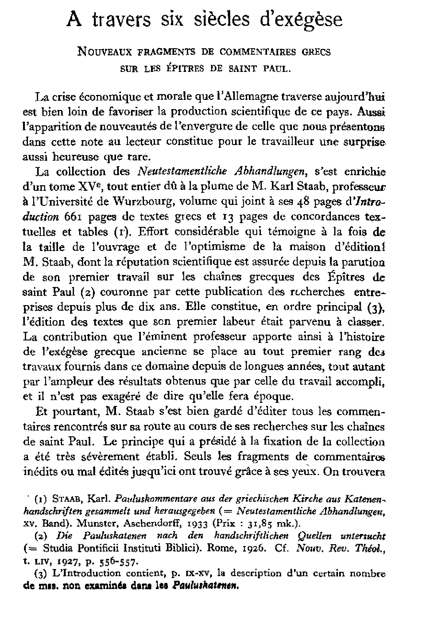 A travers six siècles d'exégèse