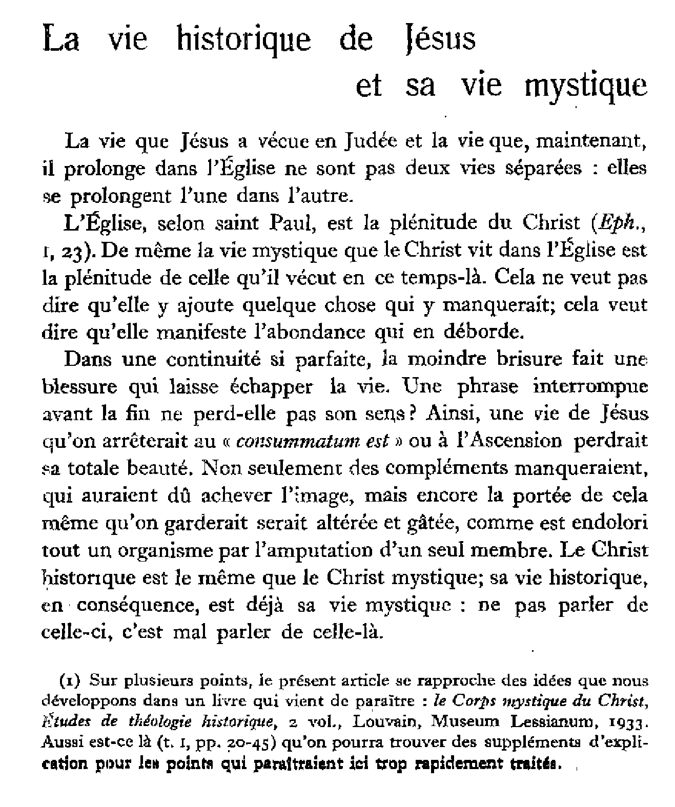 La vie historique de Jésus et sa vie mystique
