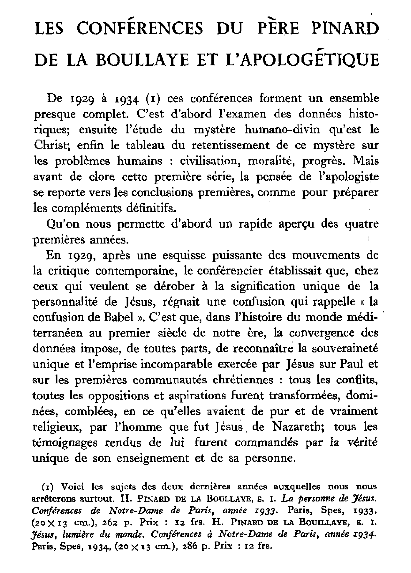 Les conférences du Père Pinnard de la Boullaye et l'apologétique