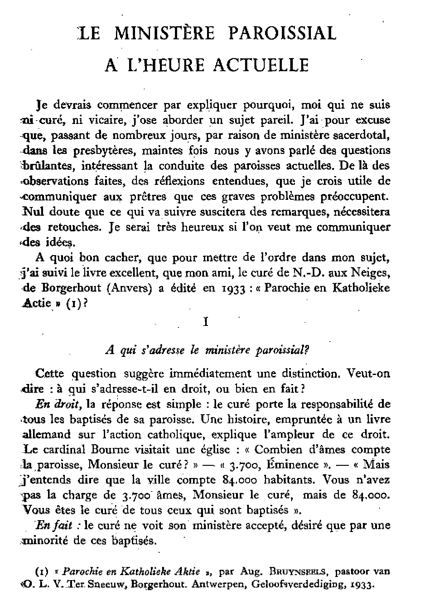 Le ministère paroissial à l'heure actuelle