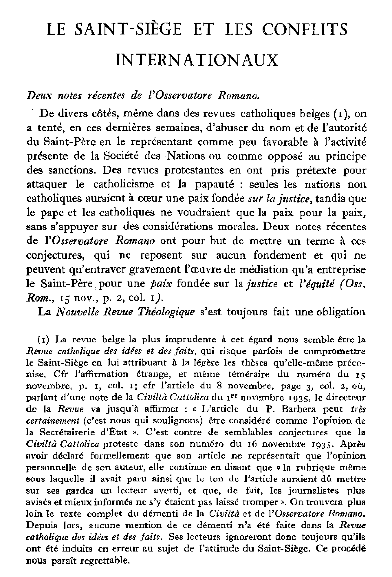 Le Saint-Siège et les conflits internationaux