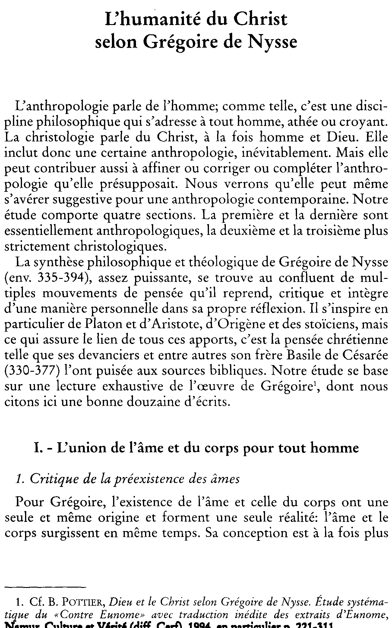 L'humanité du Christ selon Grégoire de Nysse