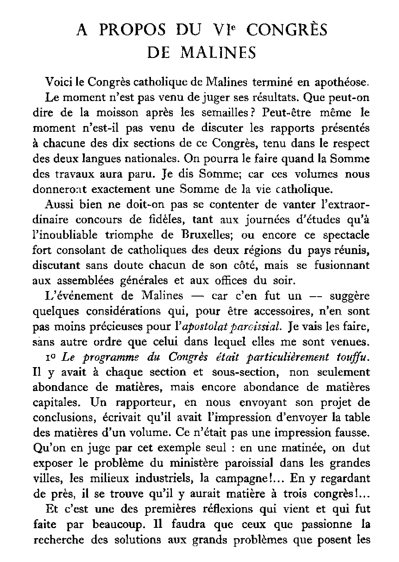 A propos du VIème congrès de Malines