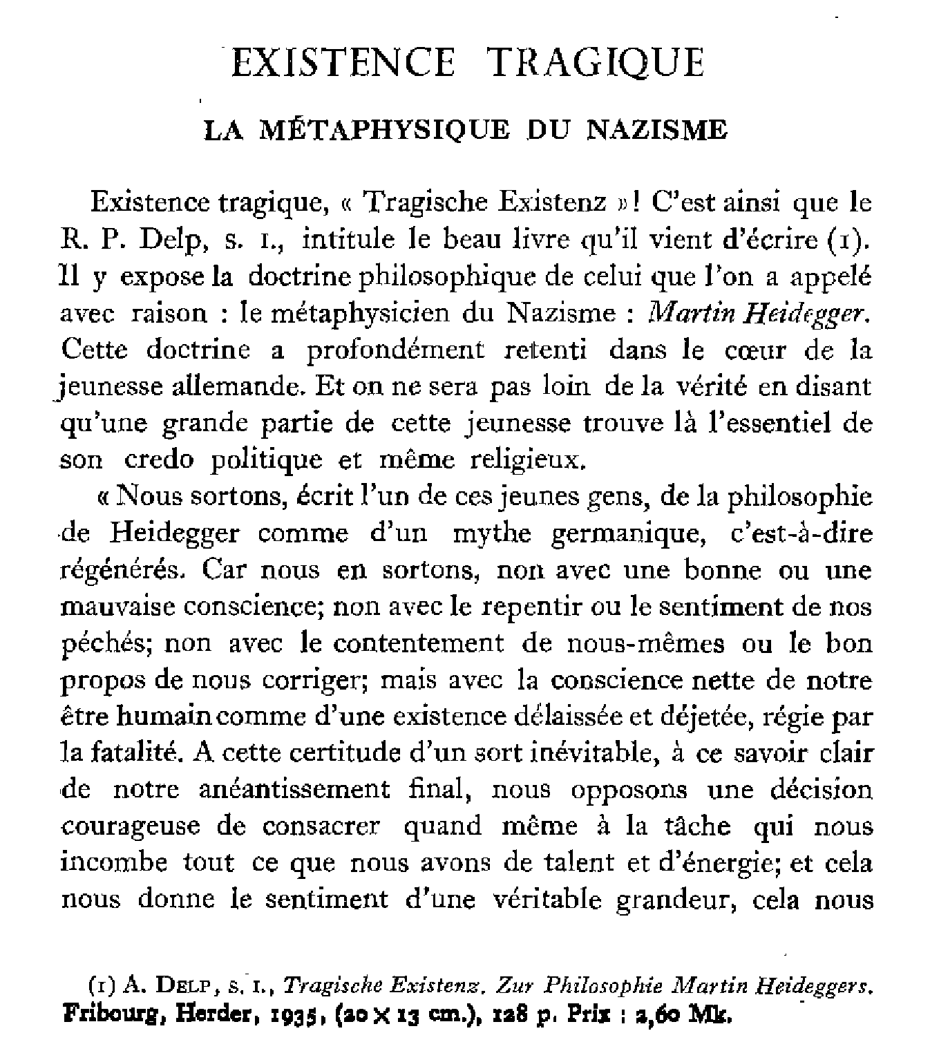 Existence tragique. La métaphysique du nazisme