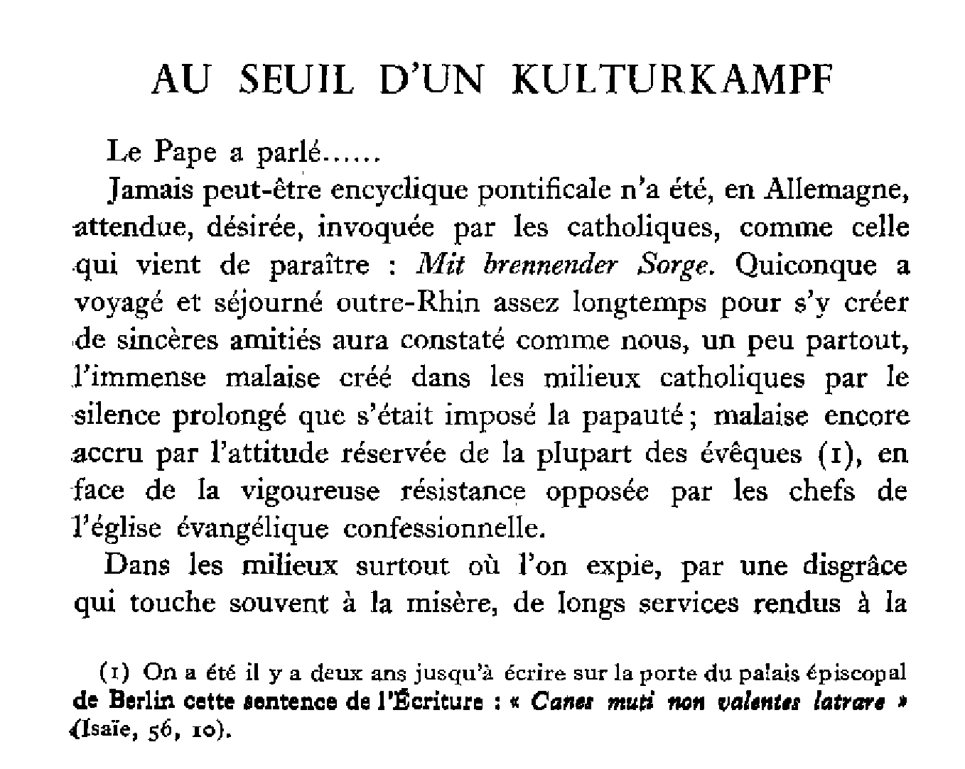 Au seuil d'un Kulturkampf