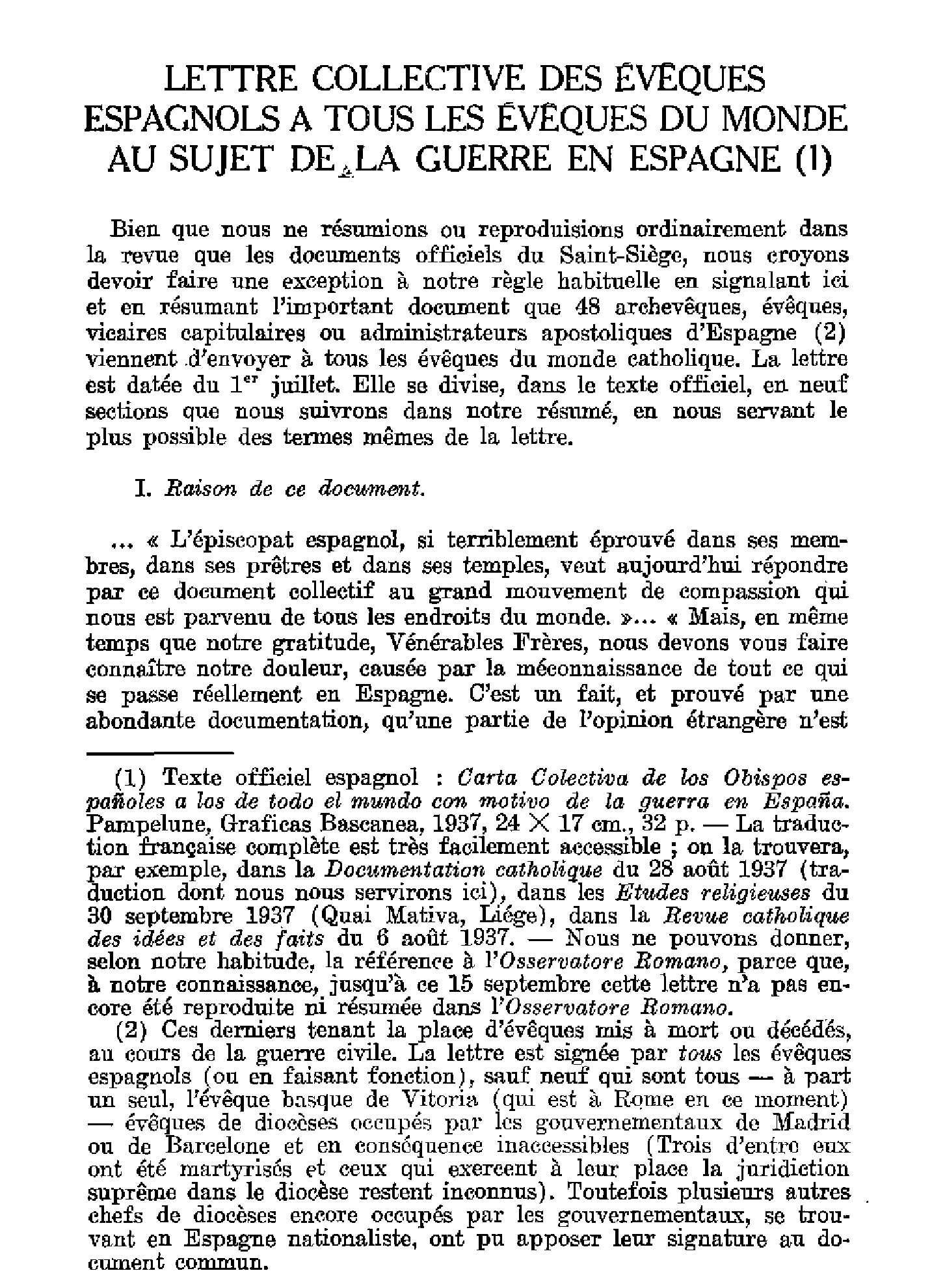 Lettre collectives des évêques espagnols à tous les évêques du monde au sujet de la guerre en Espagne