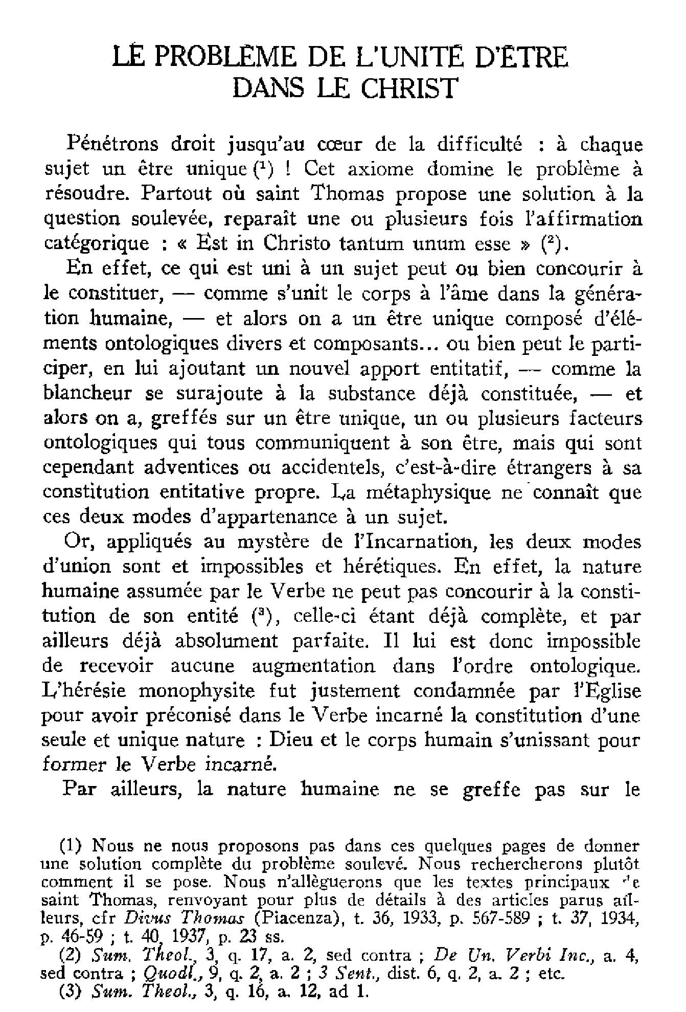 Le problème de l'unité d'être dans le Christ