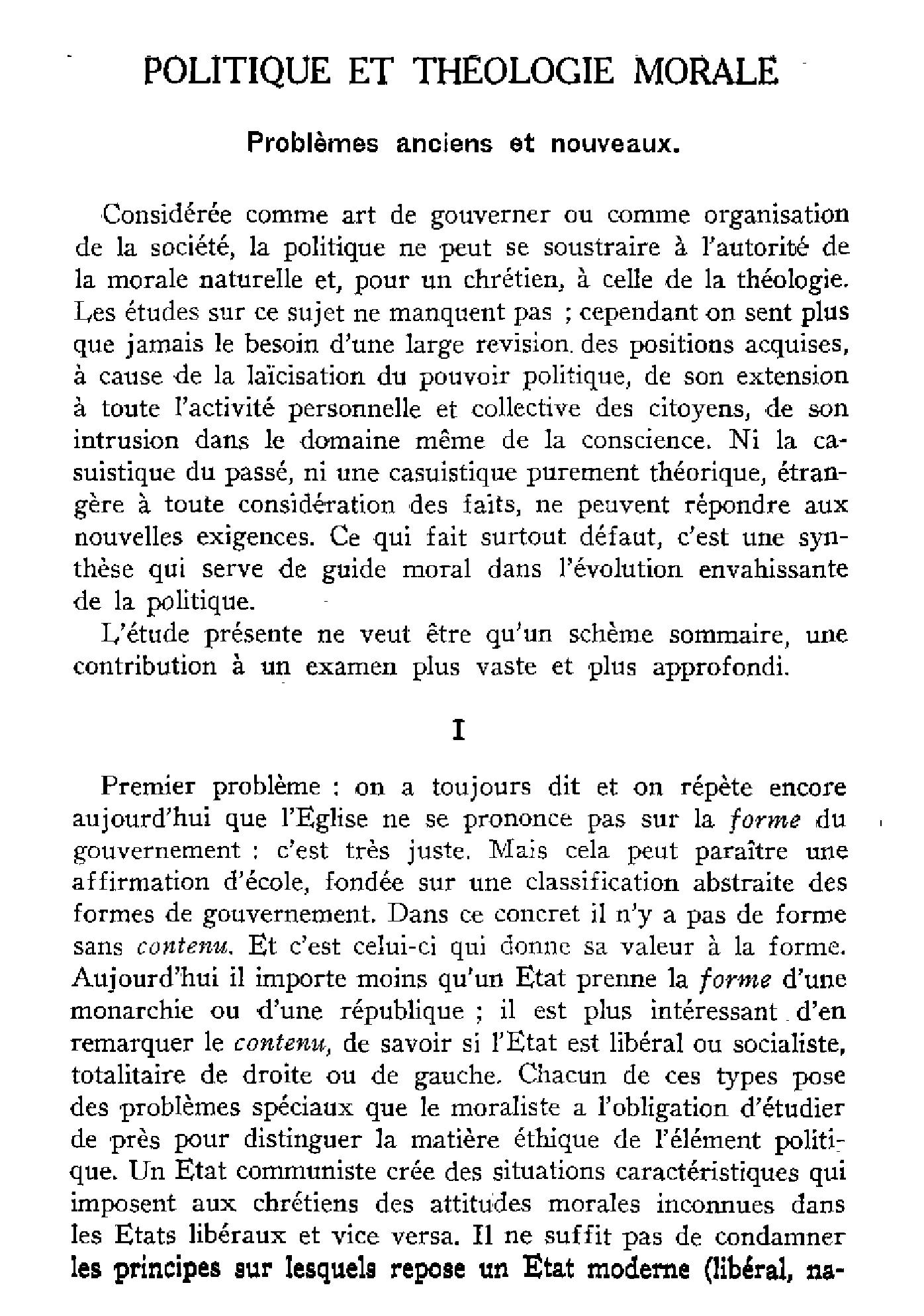 Politique et théologie morale. Problèmes anciens et nouveaux.