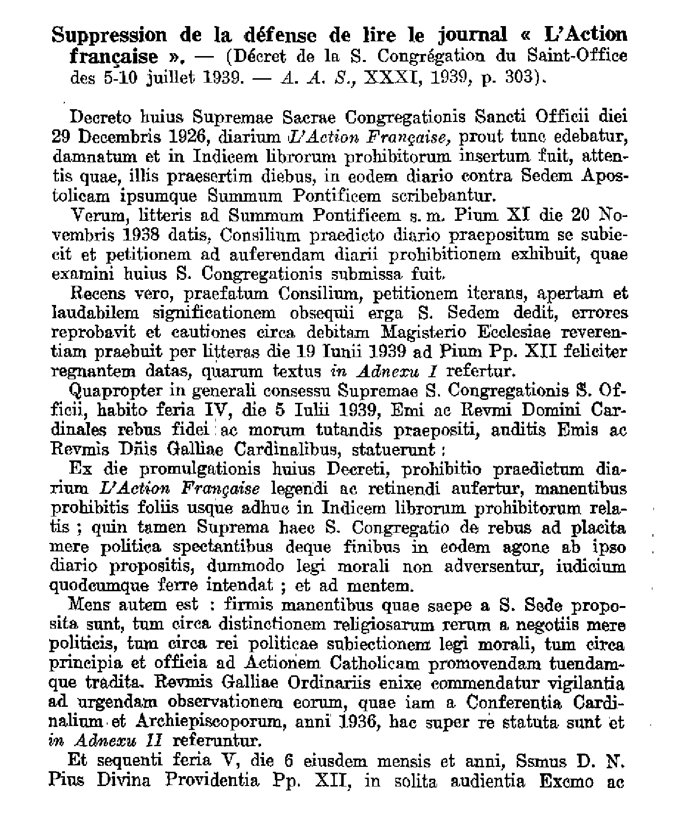 Actes du Saint-Office et de la Pénitencerie concernant l'Action Française