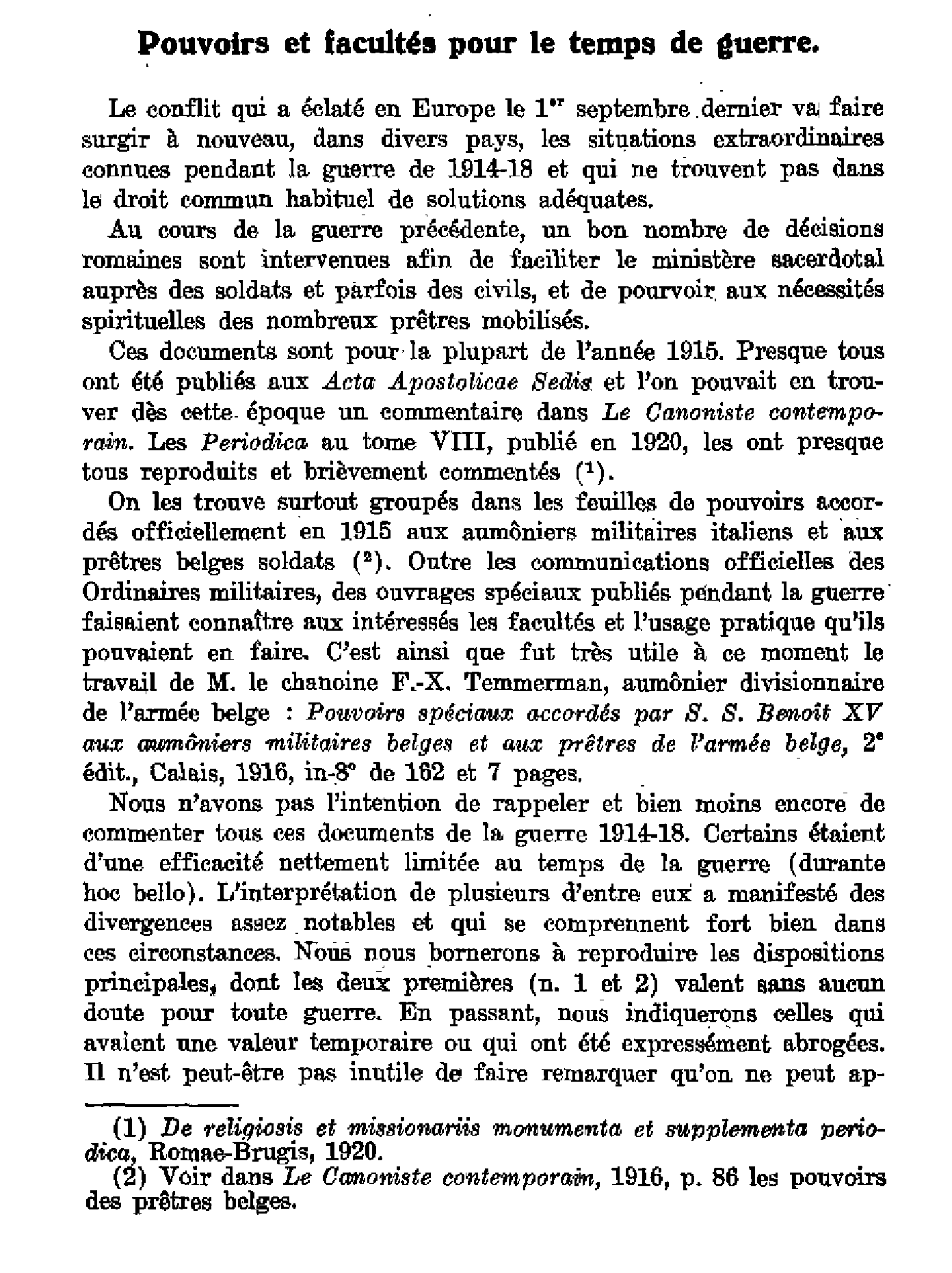 Pouvoirs et facultés pour le temps de guerre