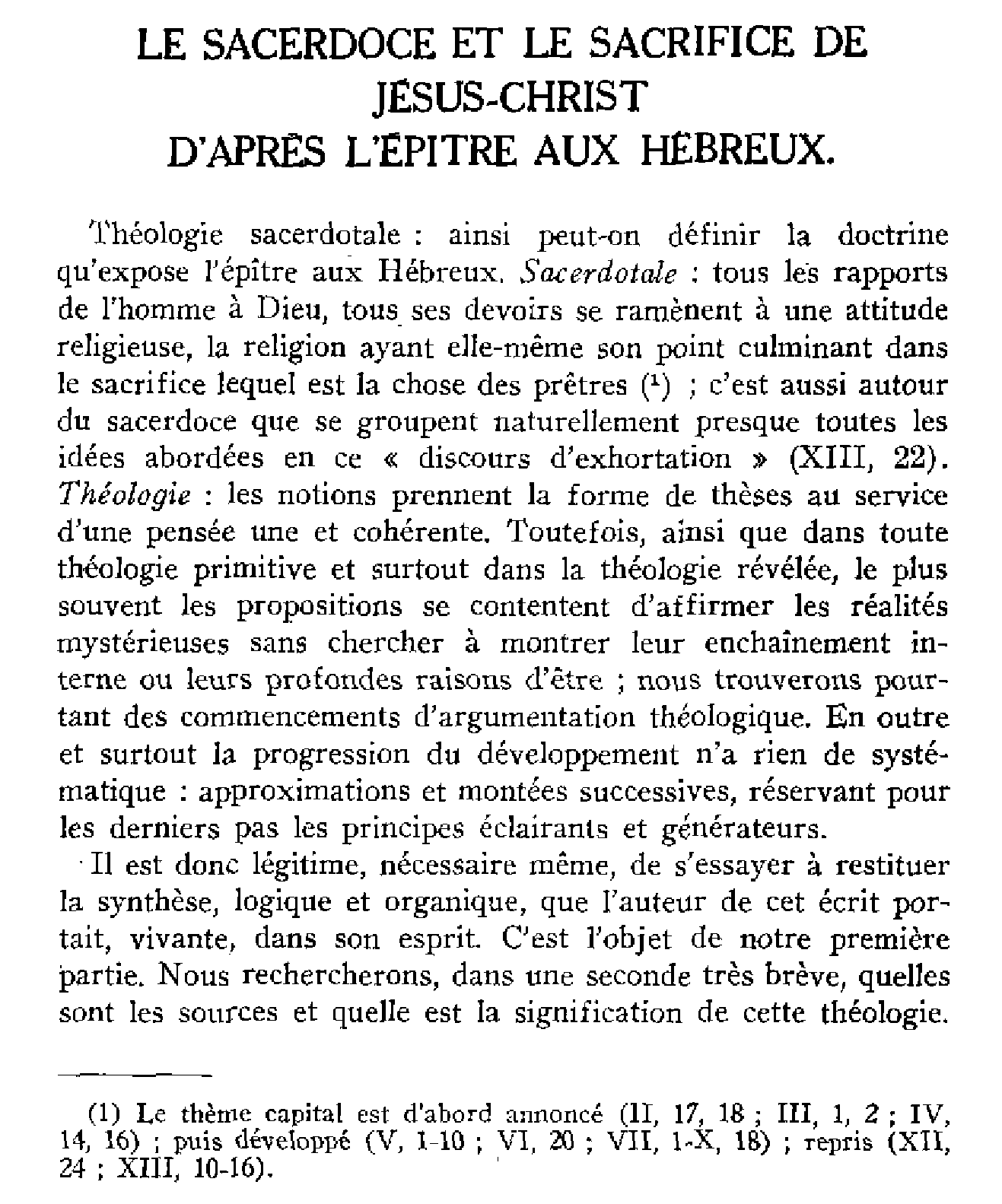 Le sacerdoce et le sacrifice de Jésus-Christ d'après l'épître aux Hébreux (I)