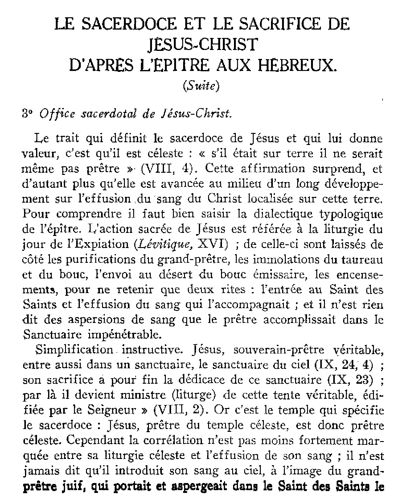 Le sacerdoce et le sacrifice de Jésus-Christ d'après l'épître aux Hébreux (I) (suite)