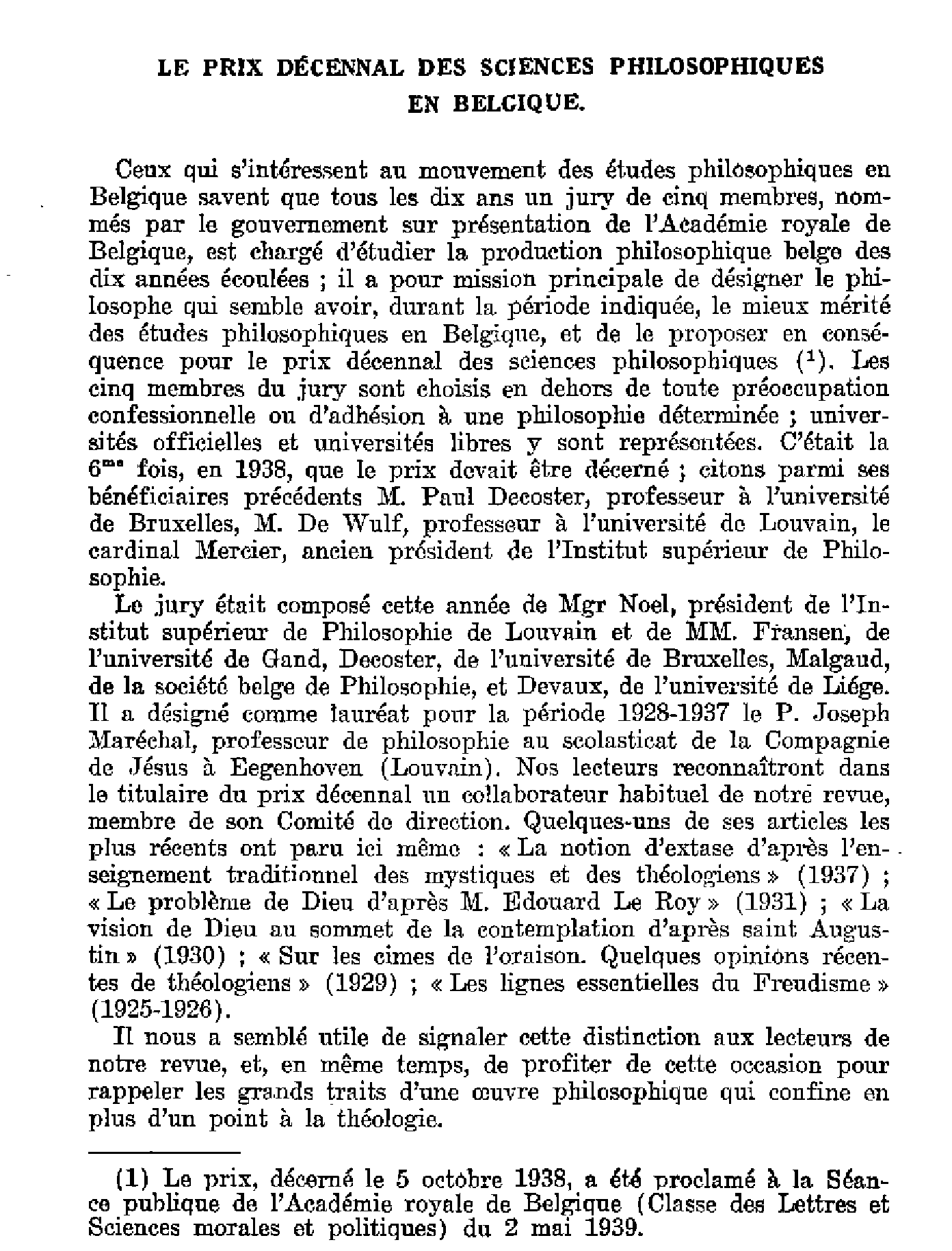 Le prix décennal des sciences philosophiques en Belgique