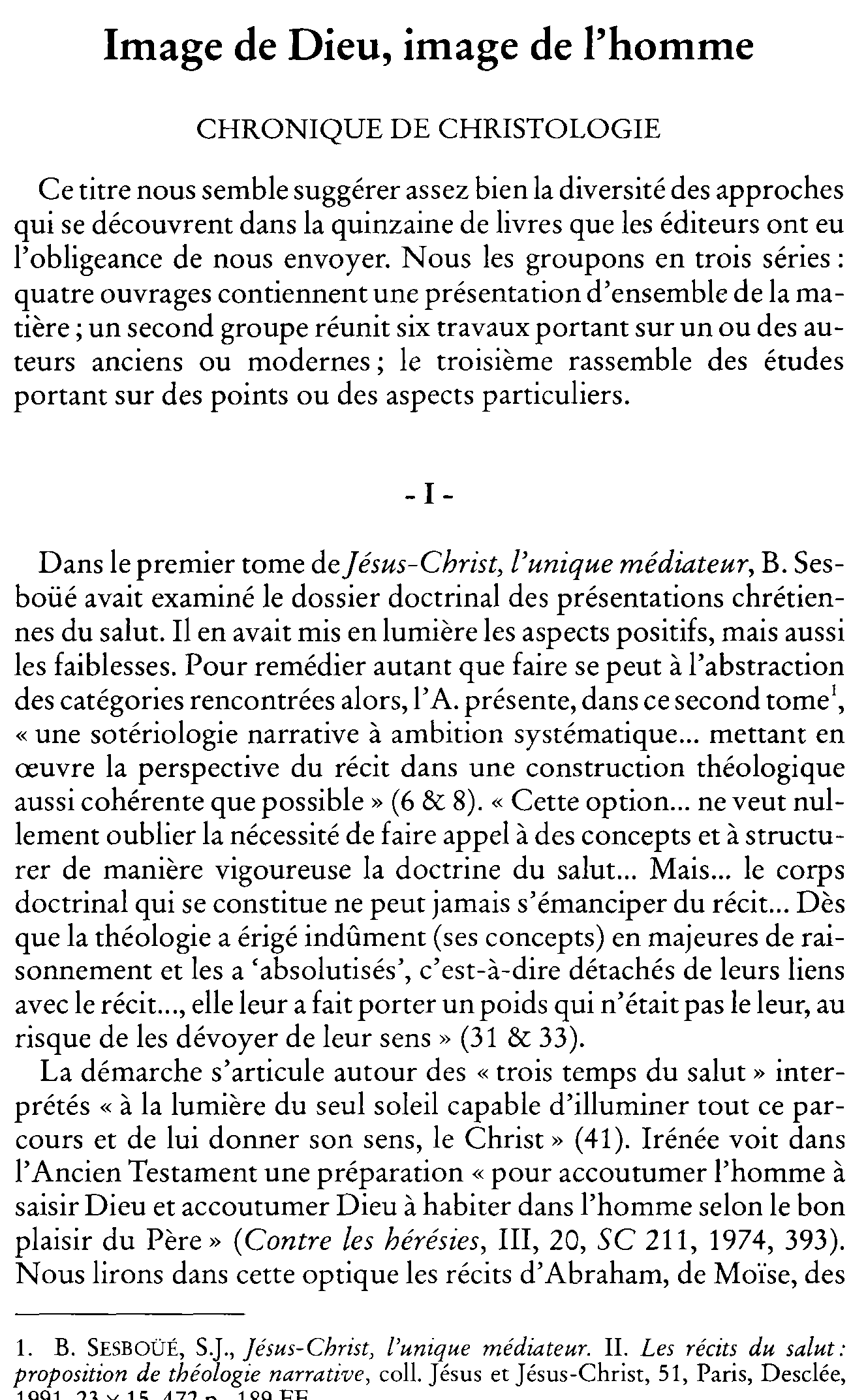 Image de Dieu, image de l'homme. Chronique de christologie
