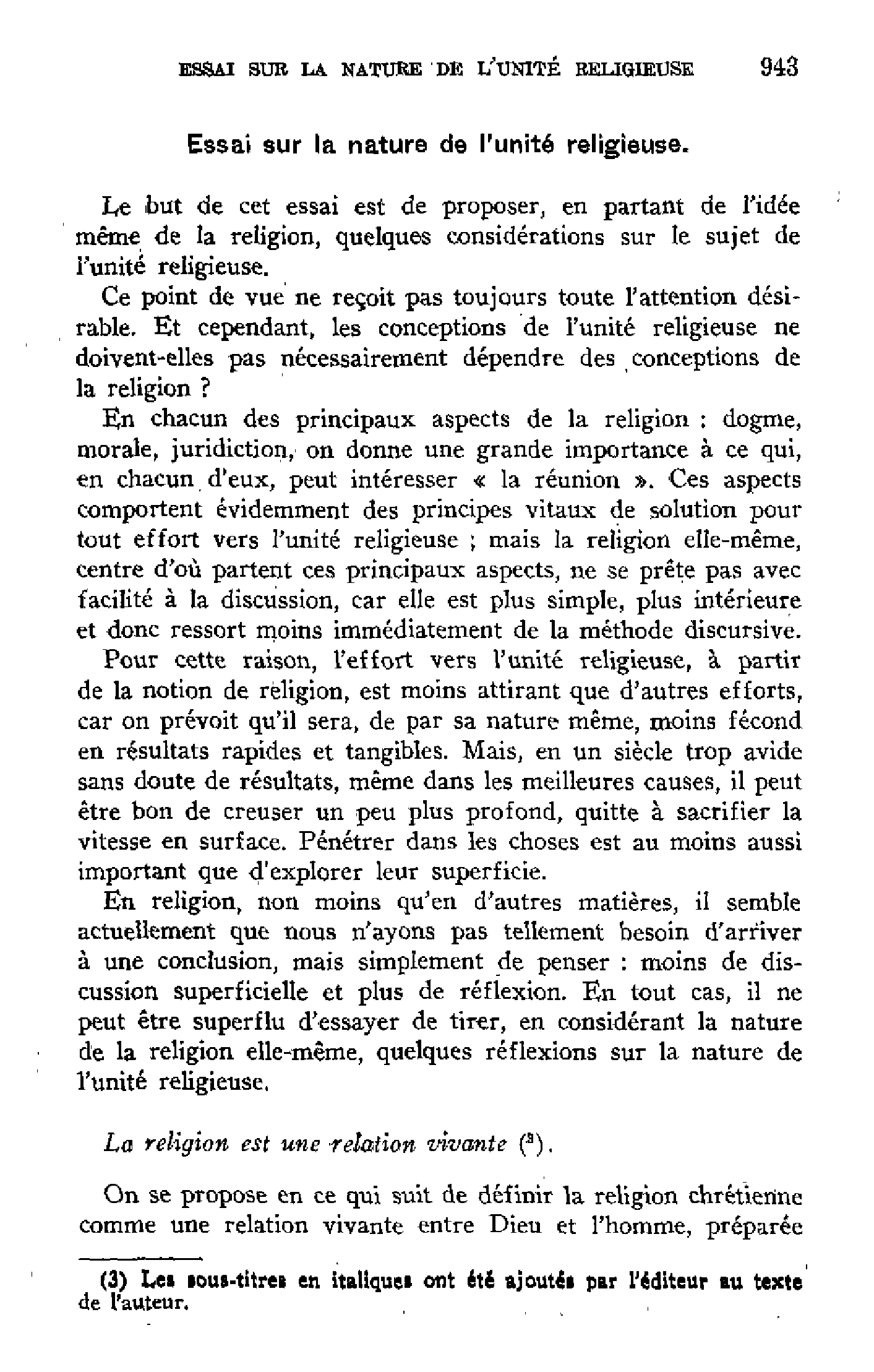 Essai sur la nature de l'unité religieuse (I).