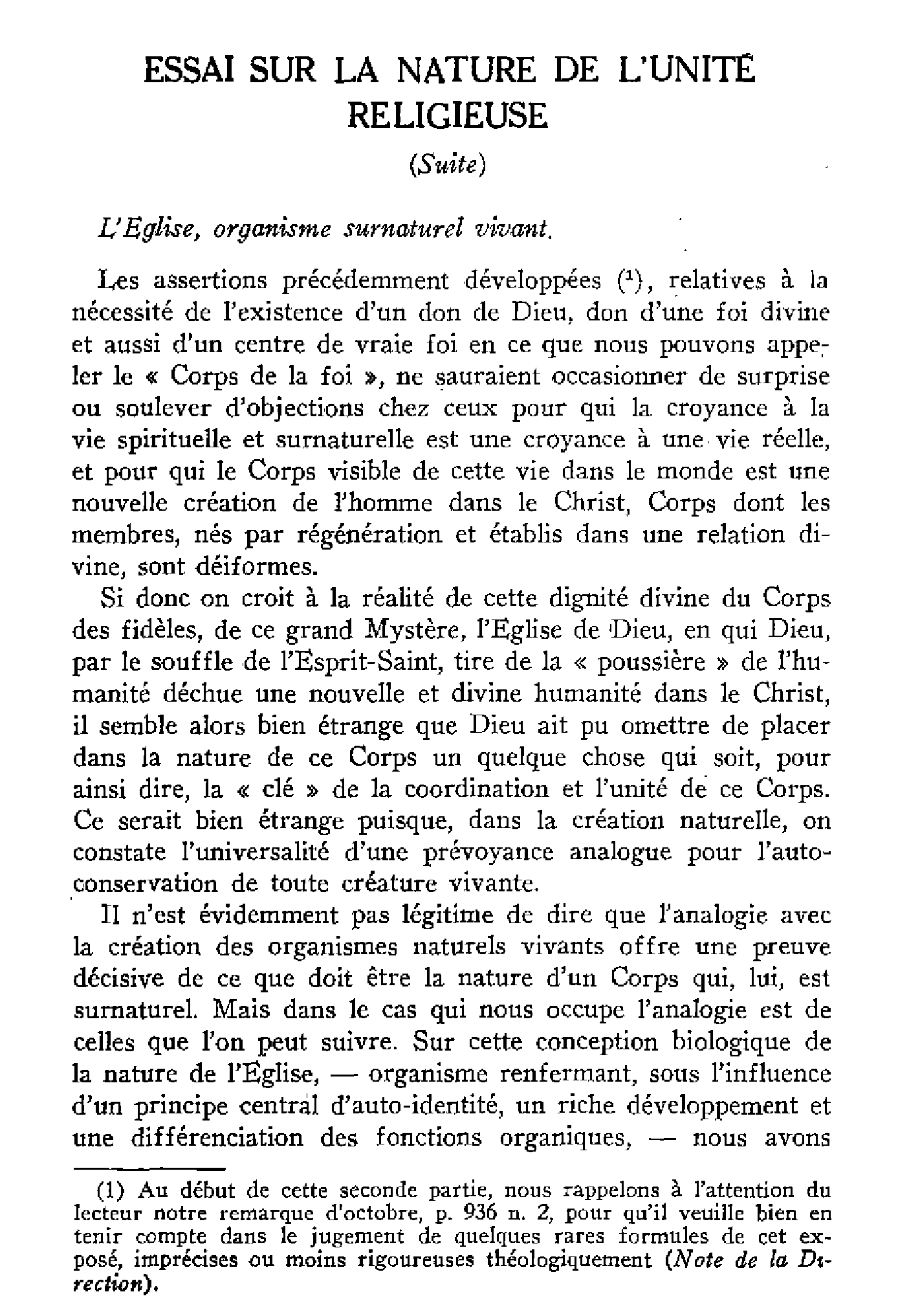 Essai sur la nature de l'unité religieuse (I) (suite).