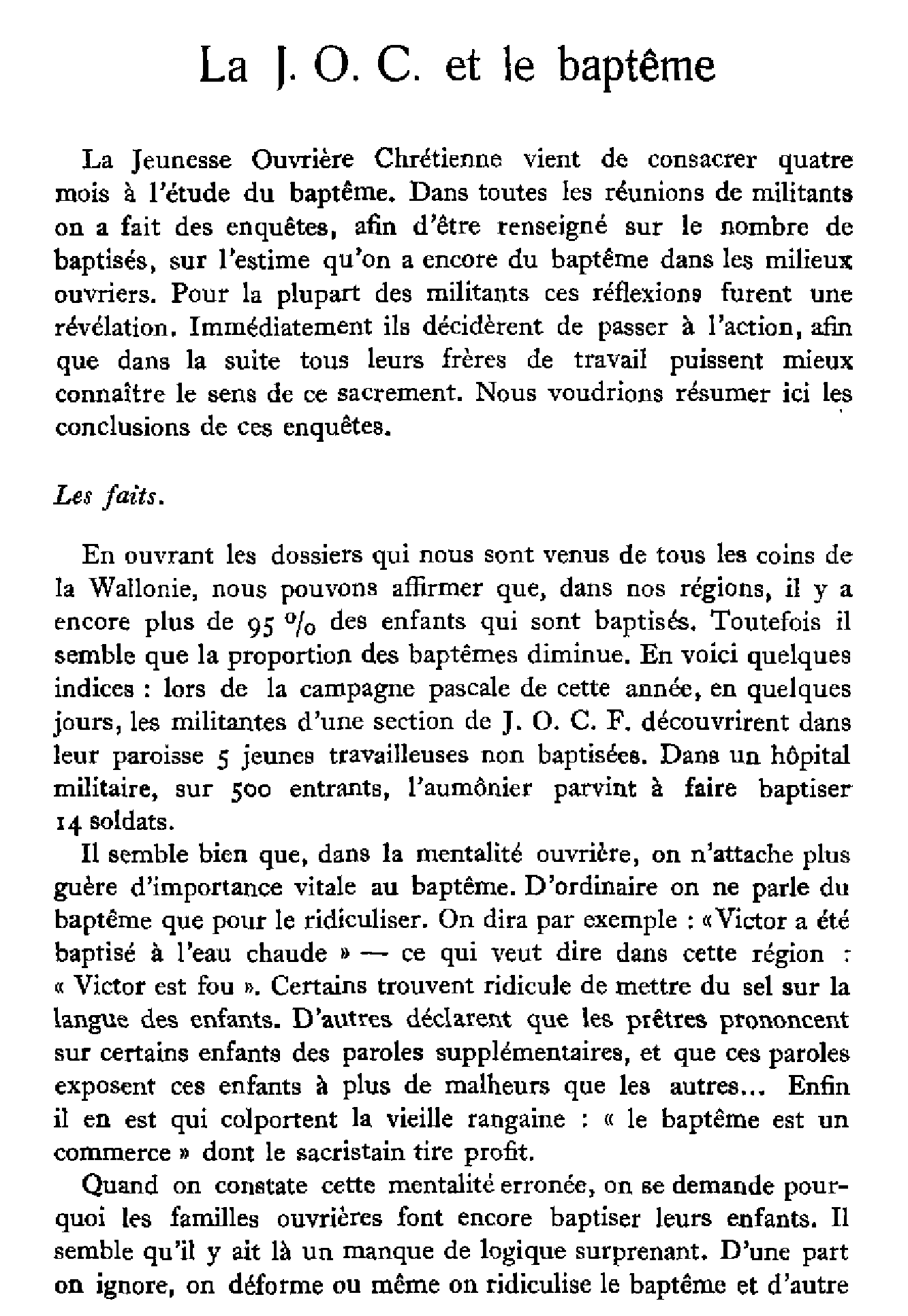 La J.O.C. et le baptême
