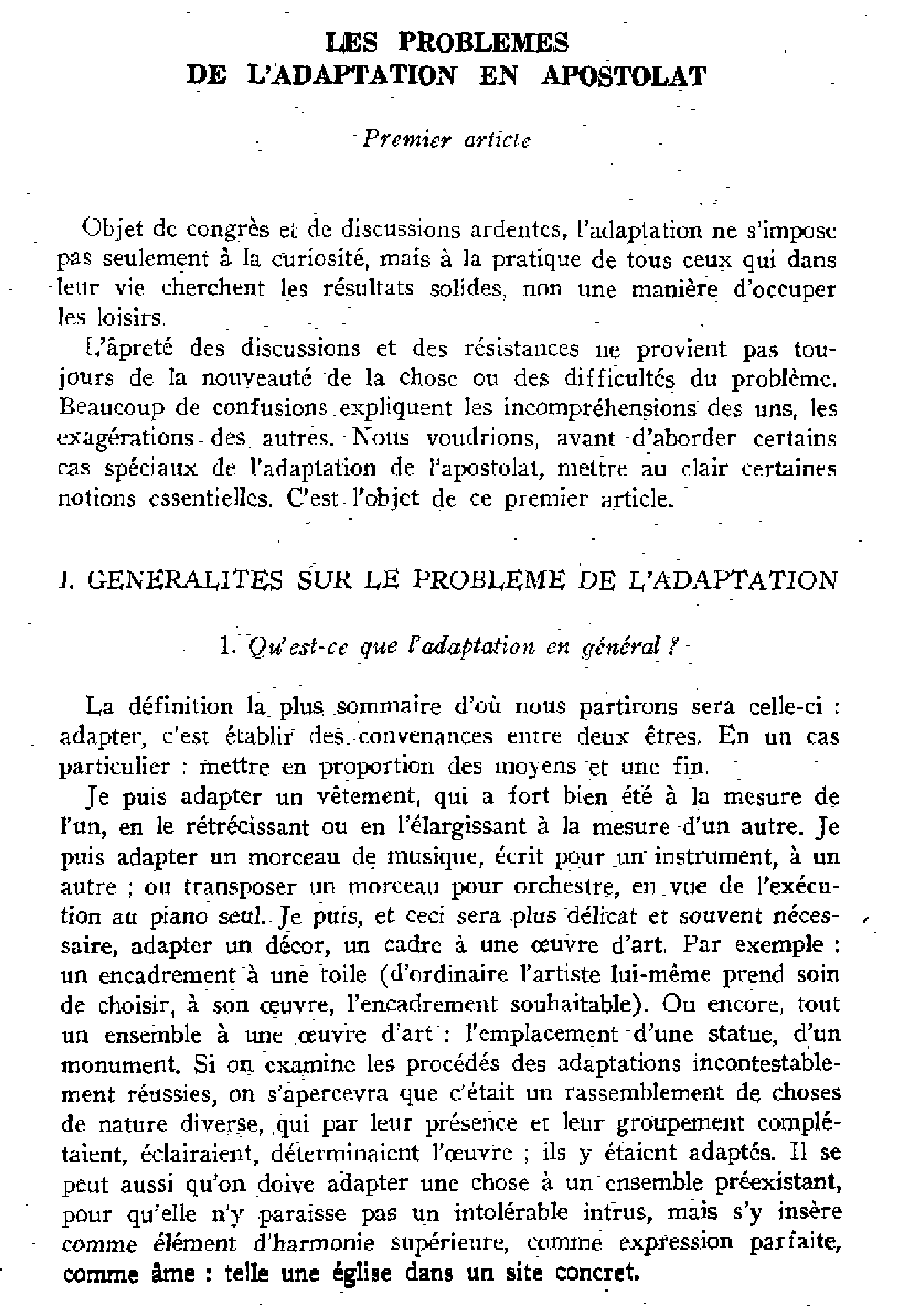Les problèmes de l'adaptation en apostolat. Premier article.
