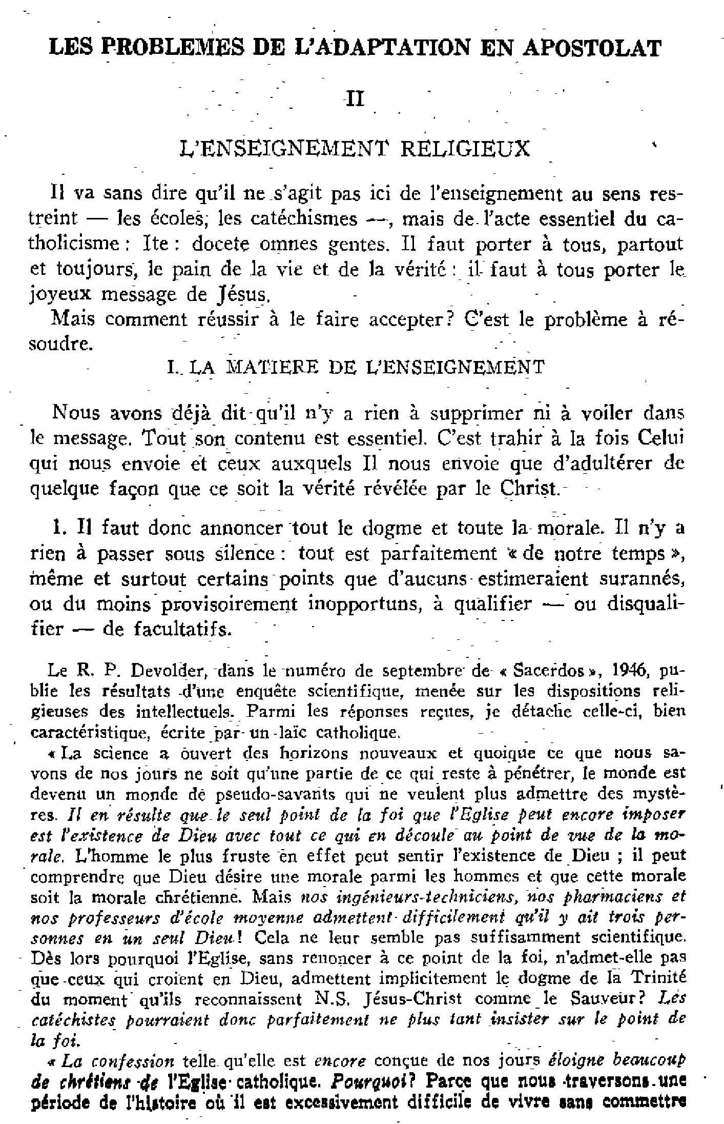 Les problèmes de l'adaptation en apostolat. (II) L'ENSEIGNEMENT RELIGIEUX.