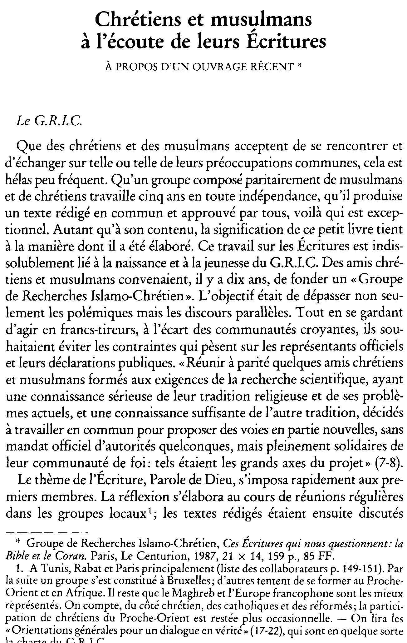 Chrétiens et musulmans à  l'écoute de leurs Écritures. À propos d'un ouvrage récent