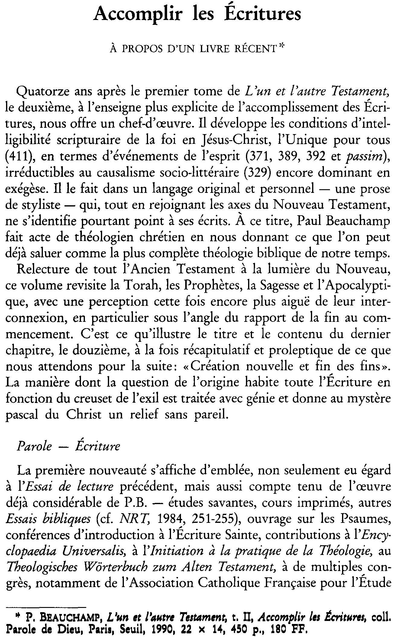 Accomplir les Écritures. À propos d'un livre récent