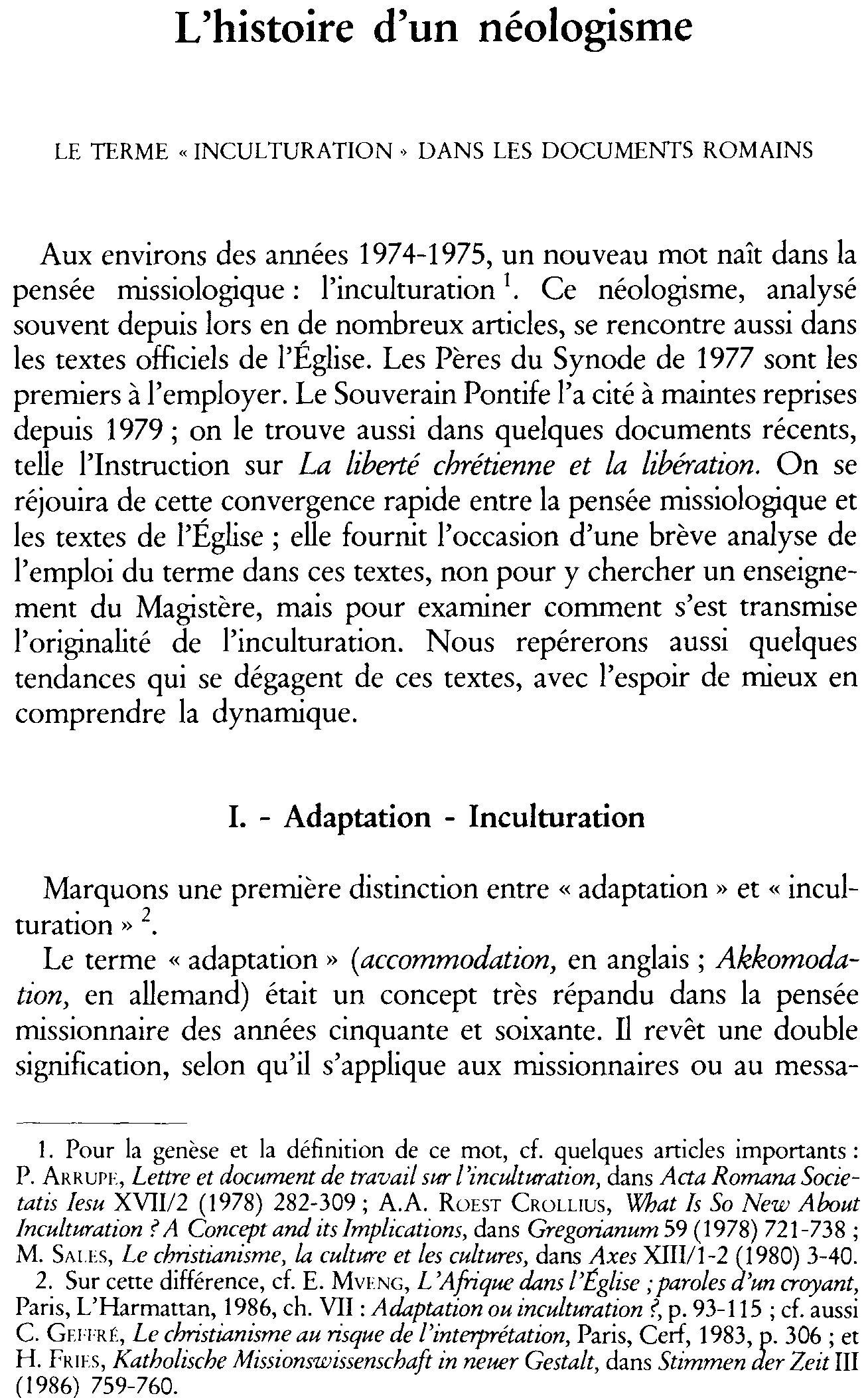 L'histoire d'un néologisme. Le terme «inculturation» dans les documents romains