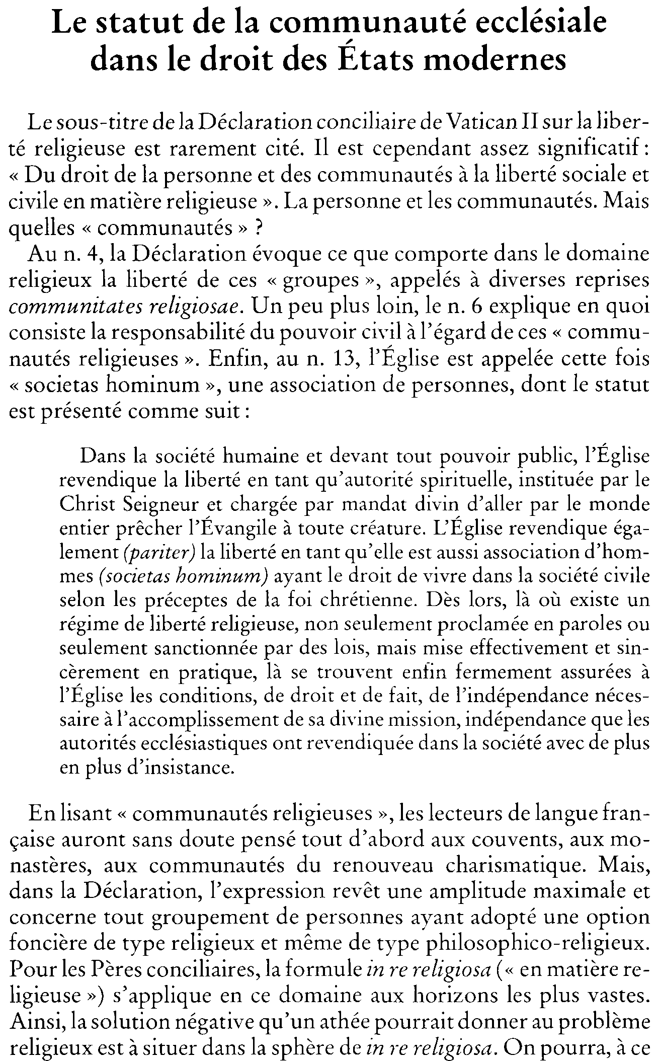 Le statut de la communauté ecclésiale dans le droit des États modernes