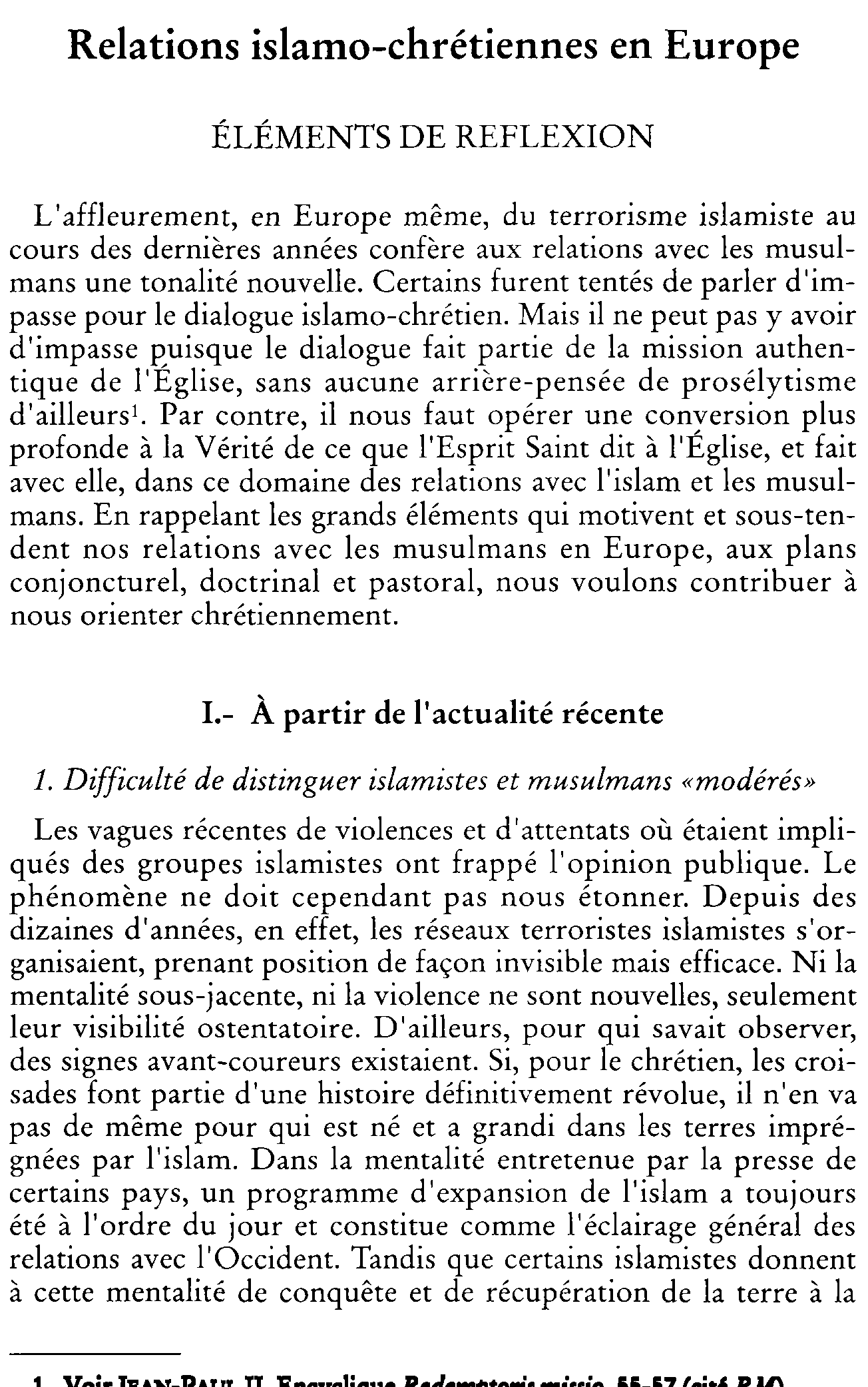 Relations islamo-chrétiennes en Europe. Éléments de réflexion