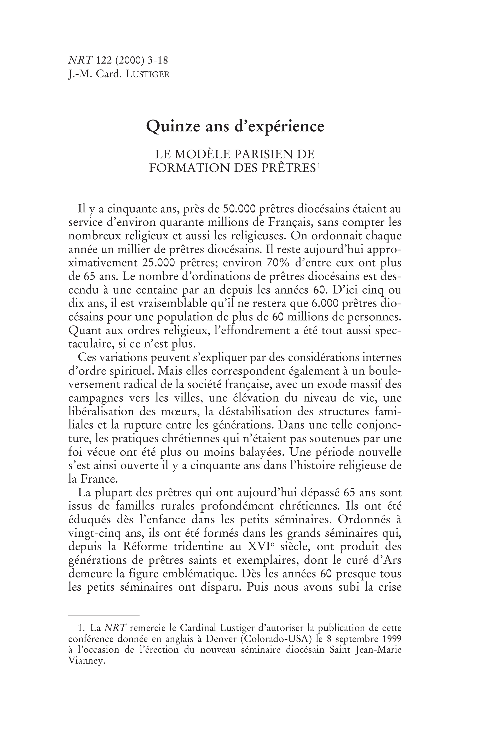 Quinze ans d'expérience. Le modèle parisien de formation des prêtres