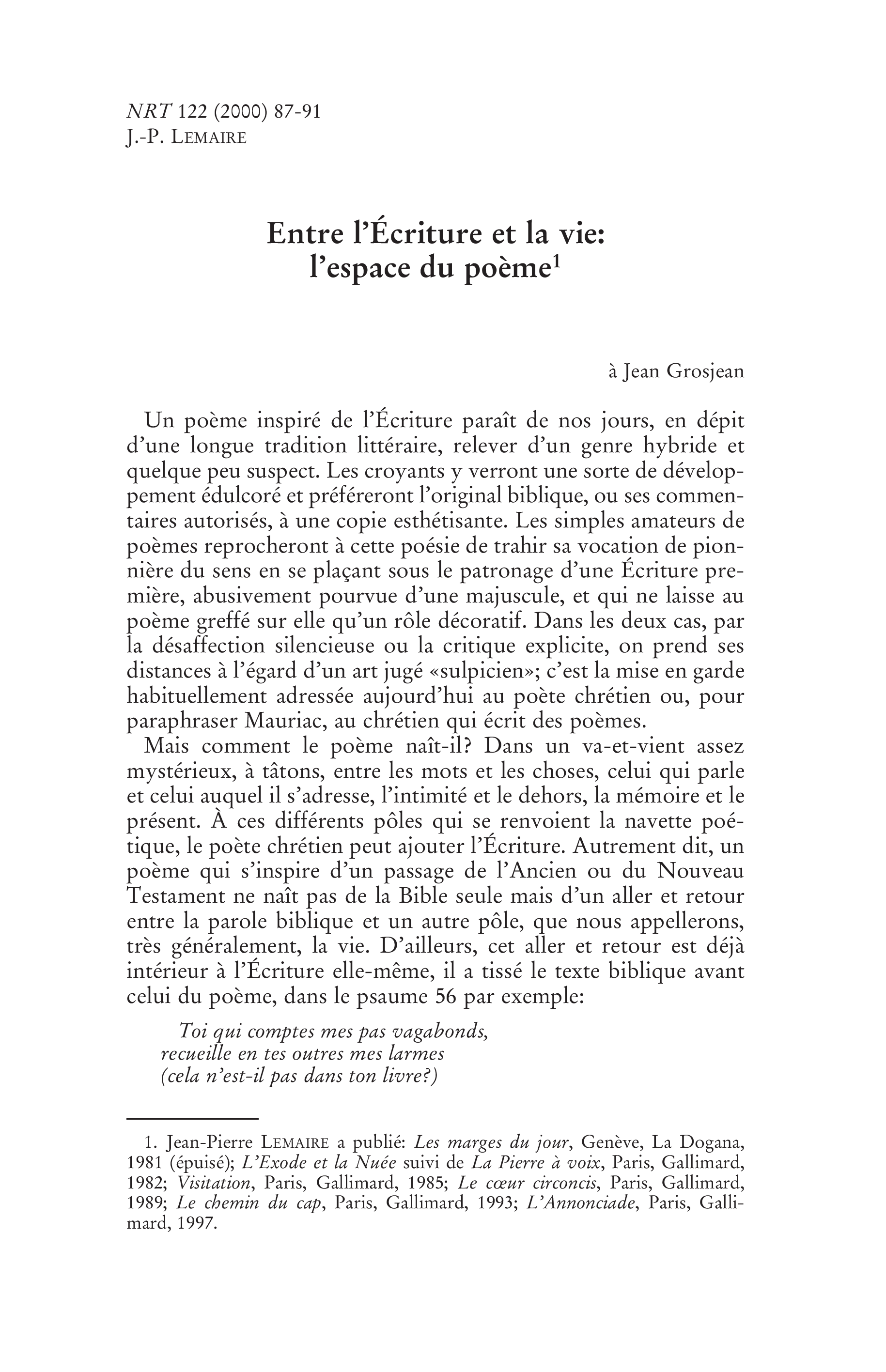 Entre l'Écriture et la vie: l'espace du poème