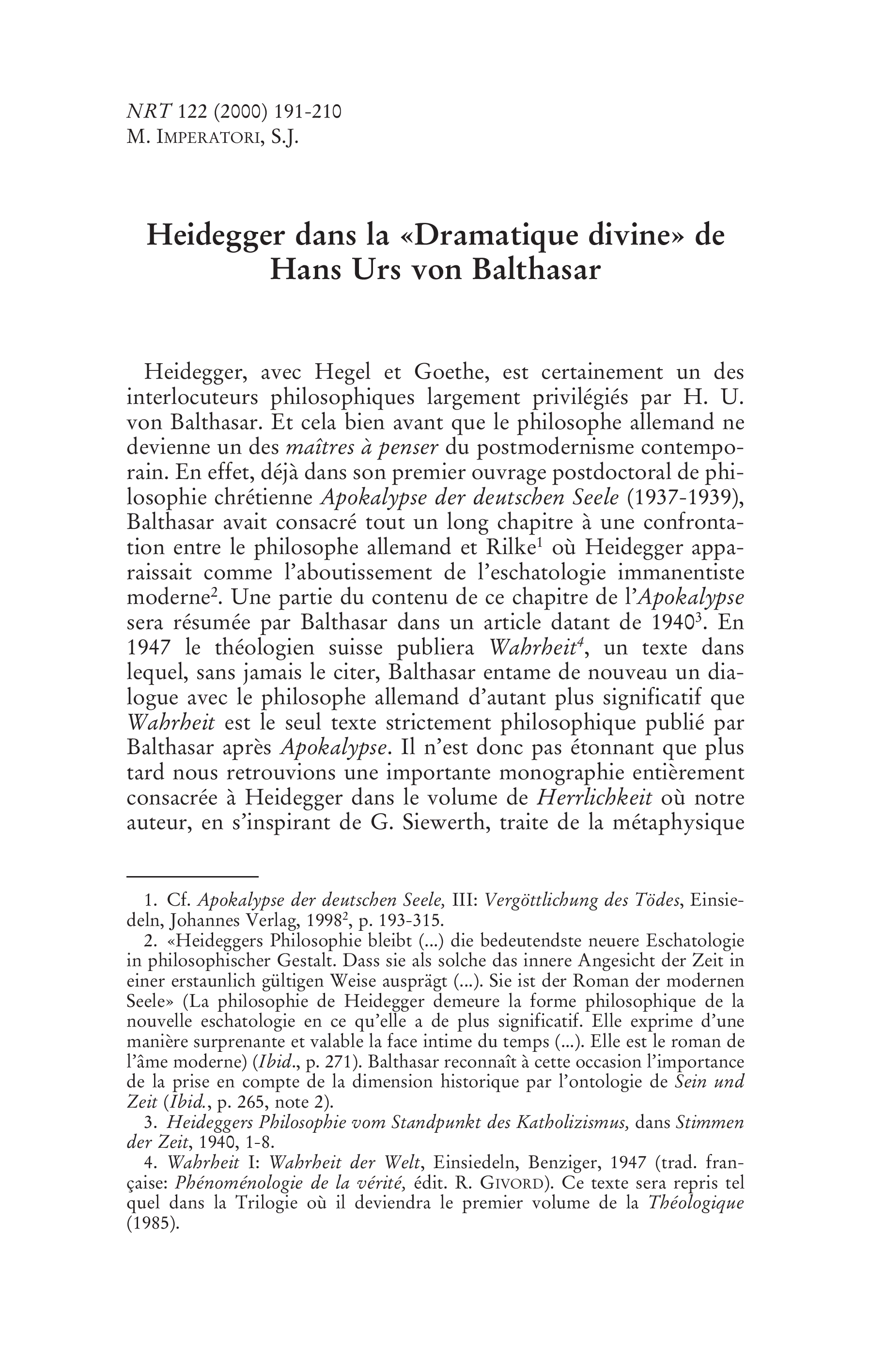 Heidegger dans la «Dramatique divine» de Hans Urs von Balthasar