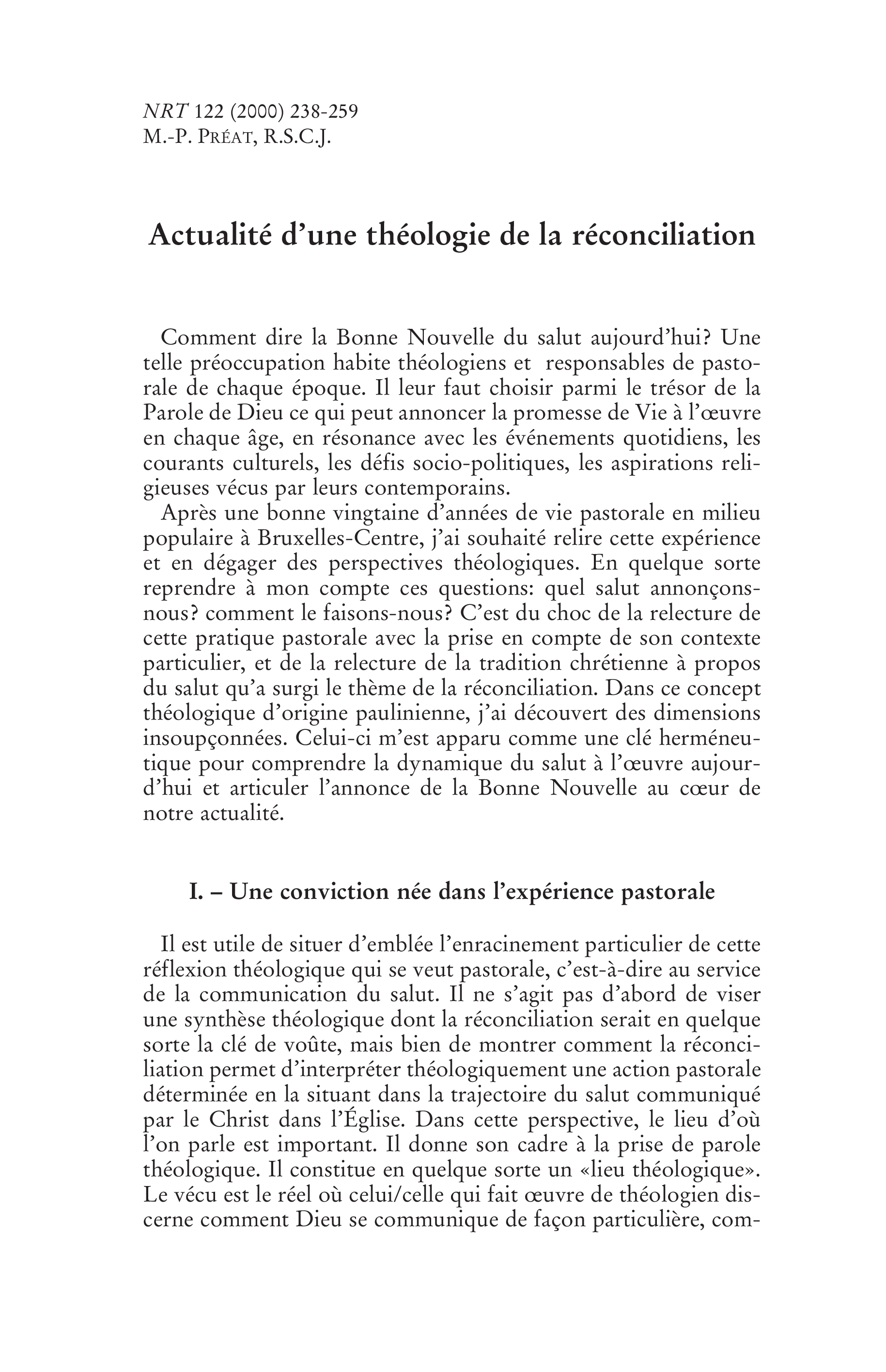 Actualité d'une théologie de la réconciliation