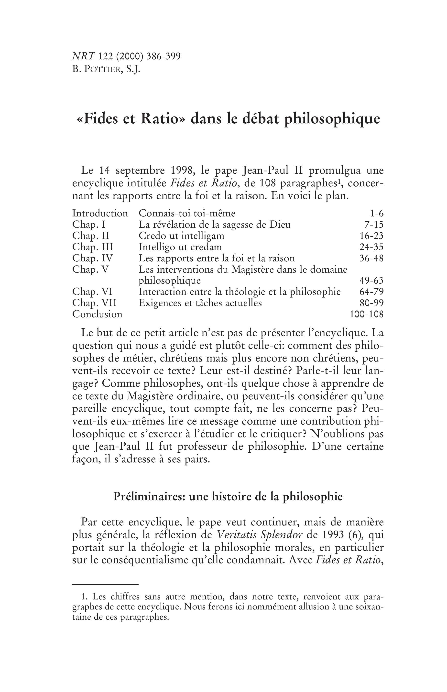 « Fides et Ratio » dans le débat philosophique