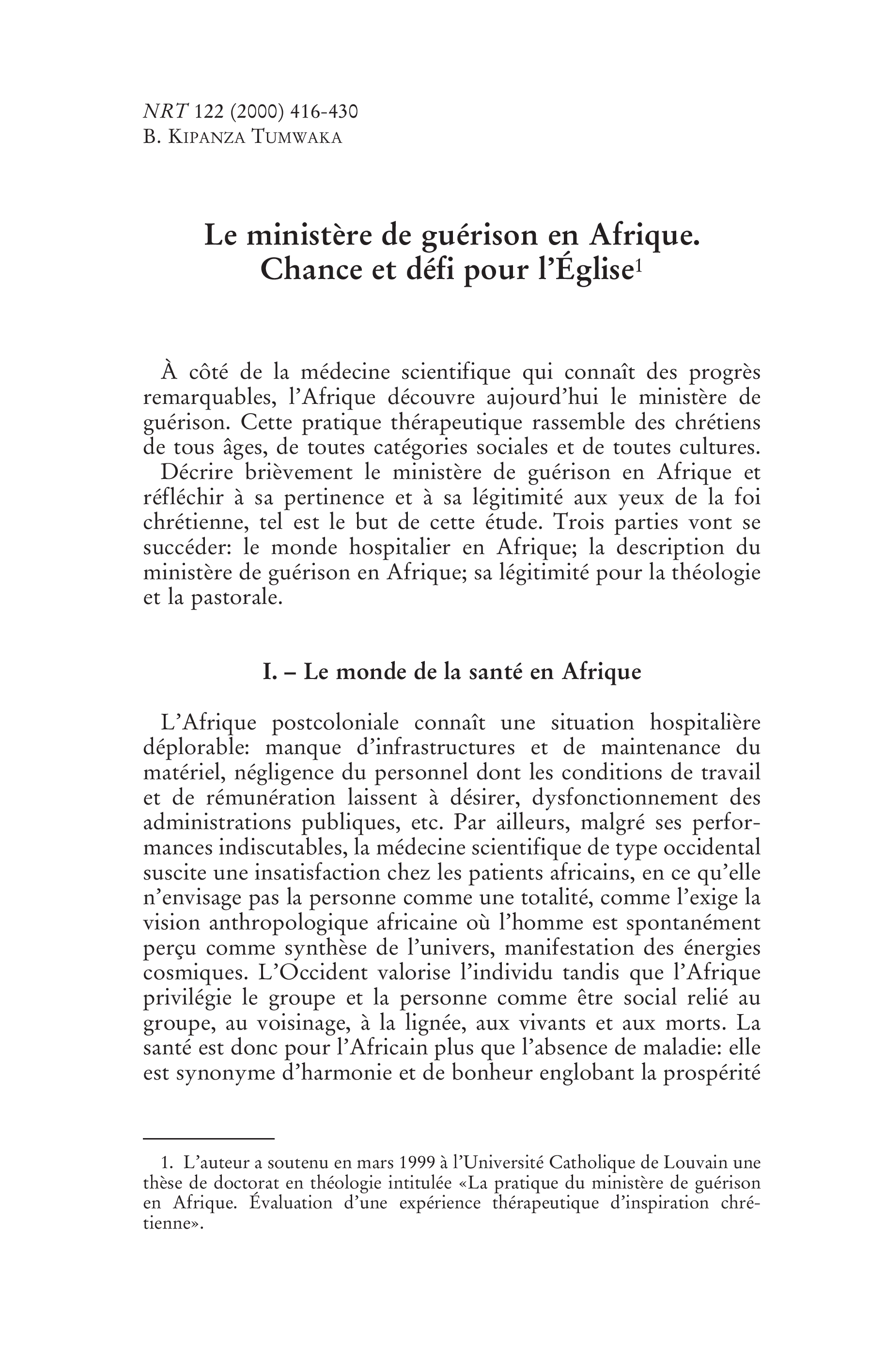 Le ministère de guérison en Afrique. Chance et défi pour l'Église
