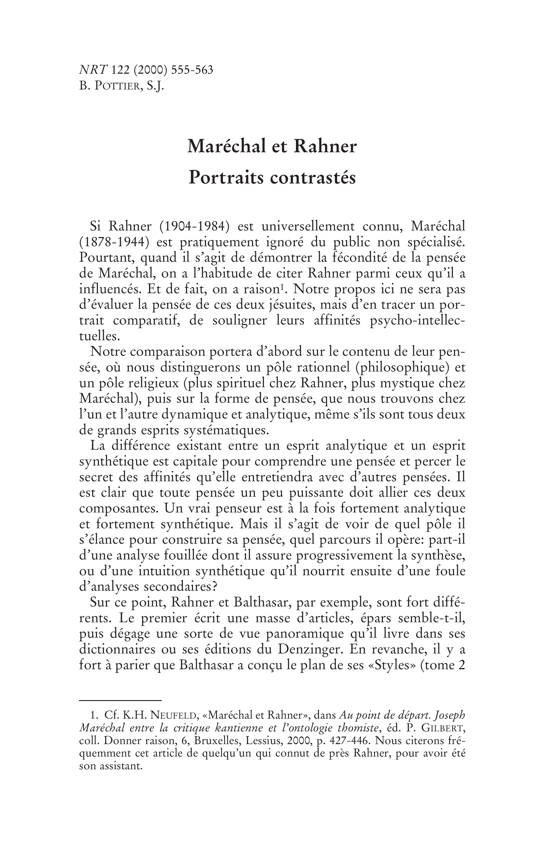 Maréchal et Rahner. Portraits contrastés