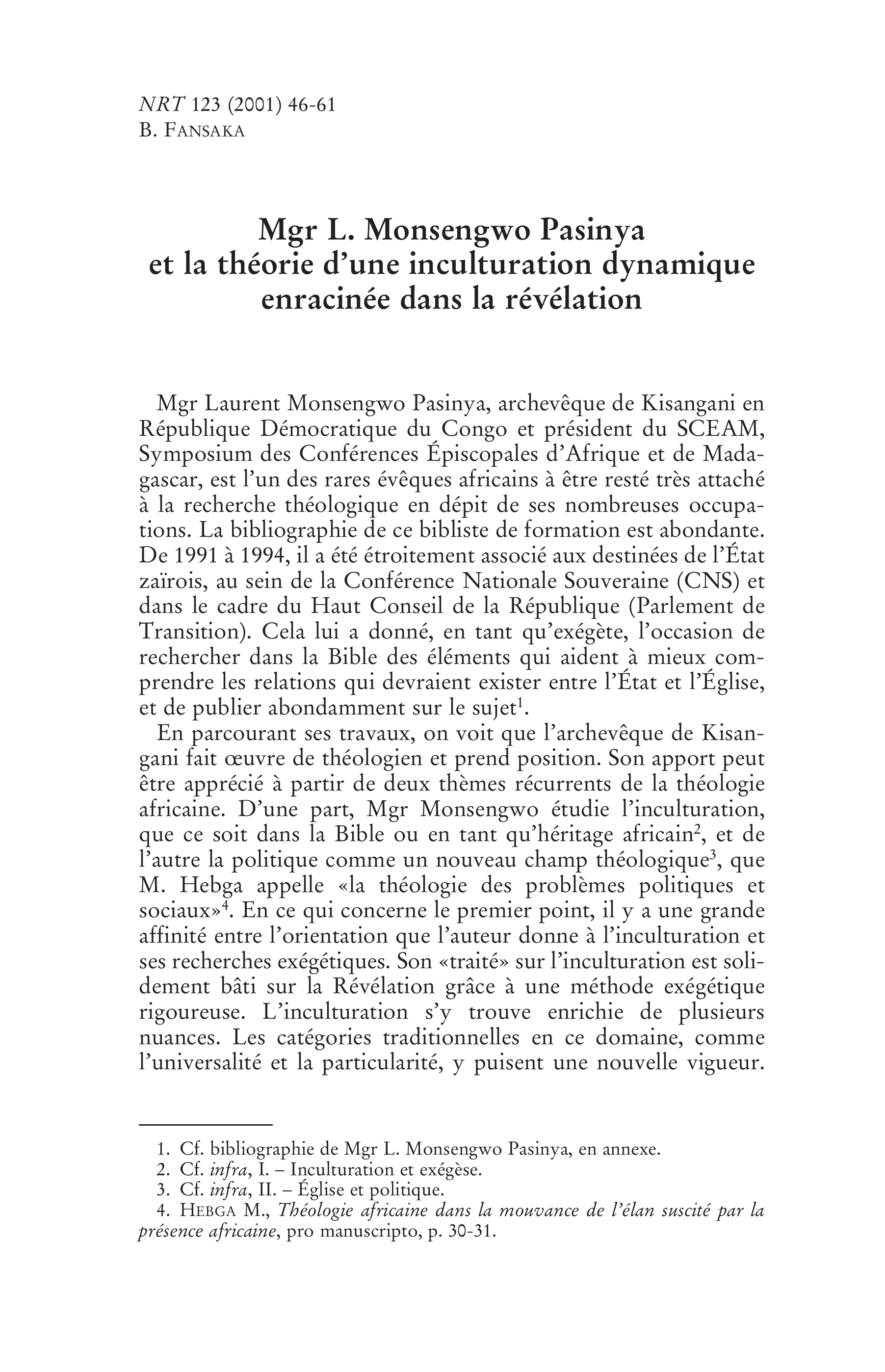 Mgr L. Monsengwo Pasinya et la théorie d'une inculturation dynamique enracinée dans la révélation