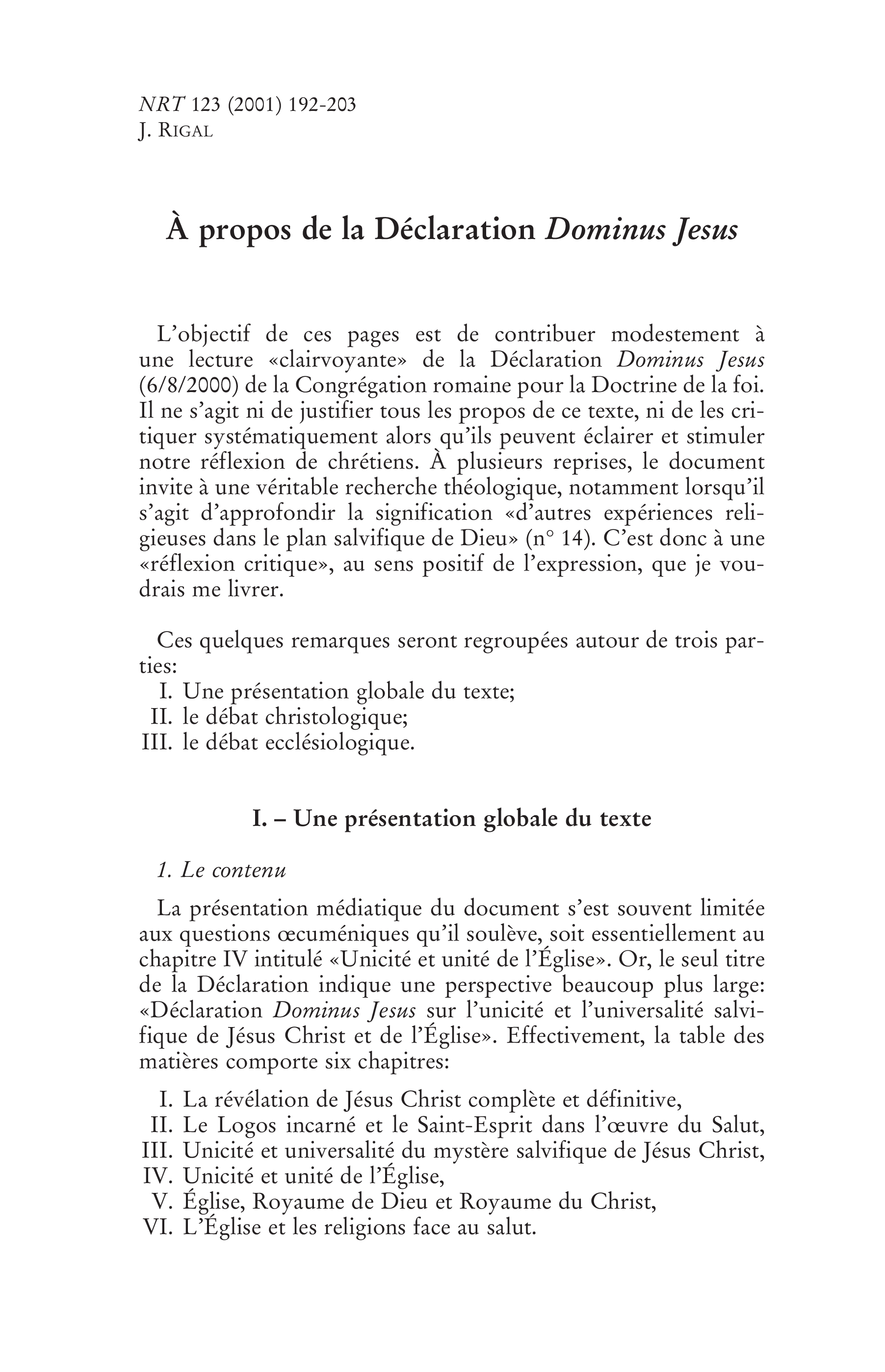 À propos de la Déclaration « Dominus Jesus »